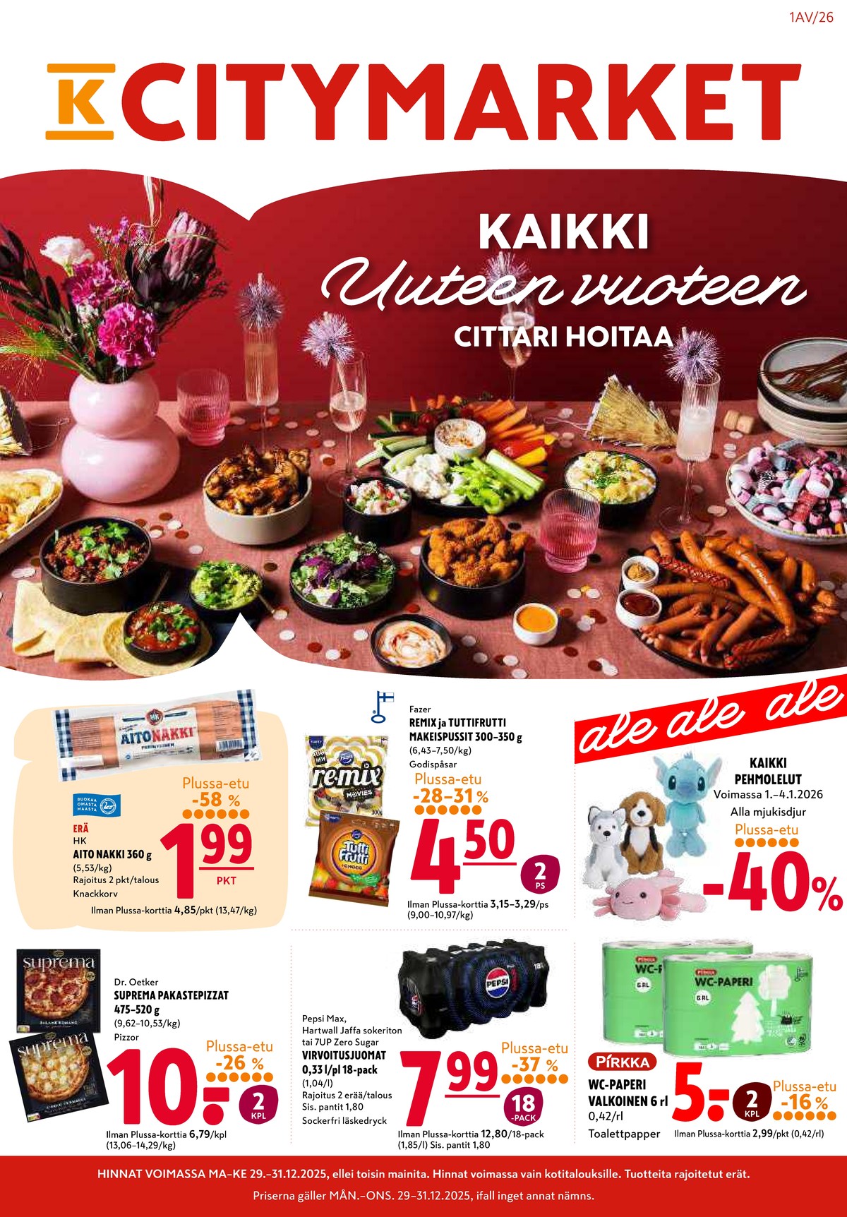 Katso ketjun K-Citymarket tarjouslehti viikolta 1 sivustolla Viikkotarjoukset.fi. Löydät monia hyviä tarjouksia erilaisista tuotteista, esimerkiksi nakit hk tai karkkipussit choco. Lue tarjouslehti täältä! Sivu 1