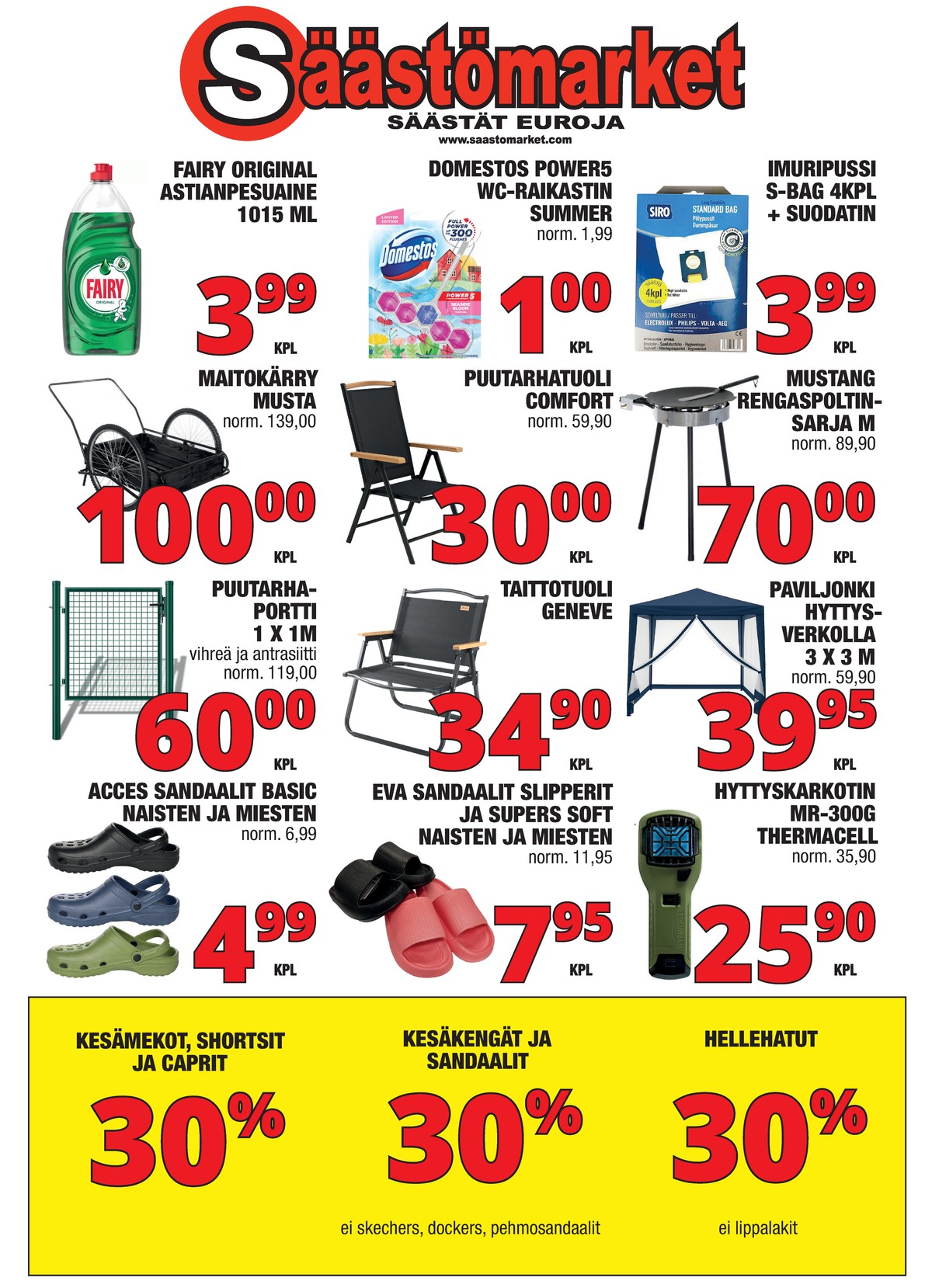 Katso ketjun Säästömarket tarjouslehti viikolta 29 sivustolla Viikkotarjoukset.fi. Löydät monia hyviä tarjouksia erilaisista tuotteista, esimerkiksi pölypussit siro tai wc-raikastimet domestos. Lue tarjouslehti täältä! Sivu 1