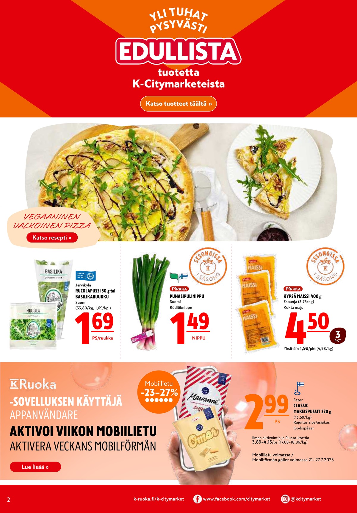Katso ketjun K-Citymarket tarjouslehti viikolta 30 sivustolla Viikkotarjoukset.fi. Löydät monia hyviä tarjouksia erilaisista tuotteista, esimerkiksi ruukkuyrtit järvikylä tai sipulit ei määritelty. Lue tarjouslehti täältä! Sivu 2