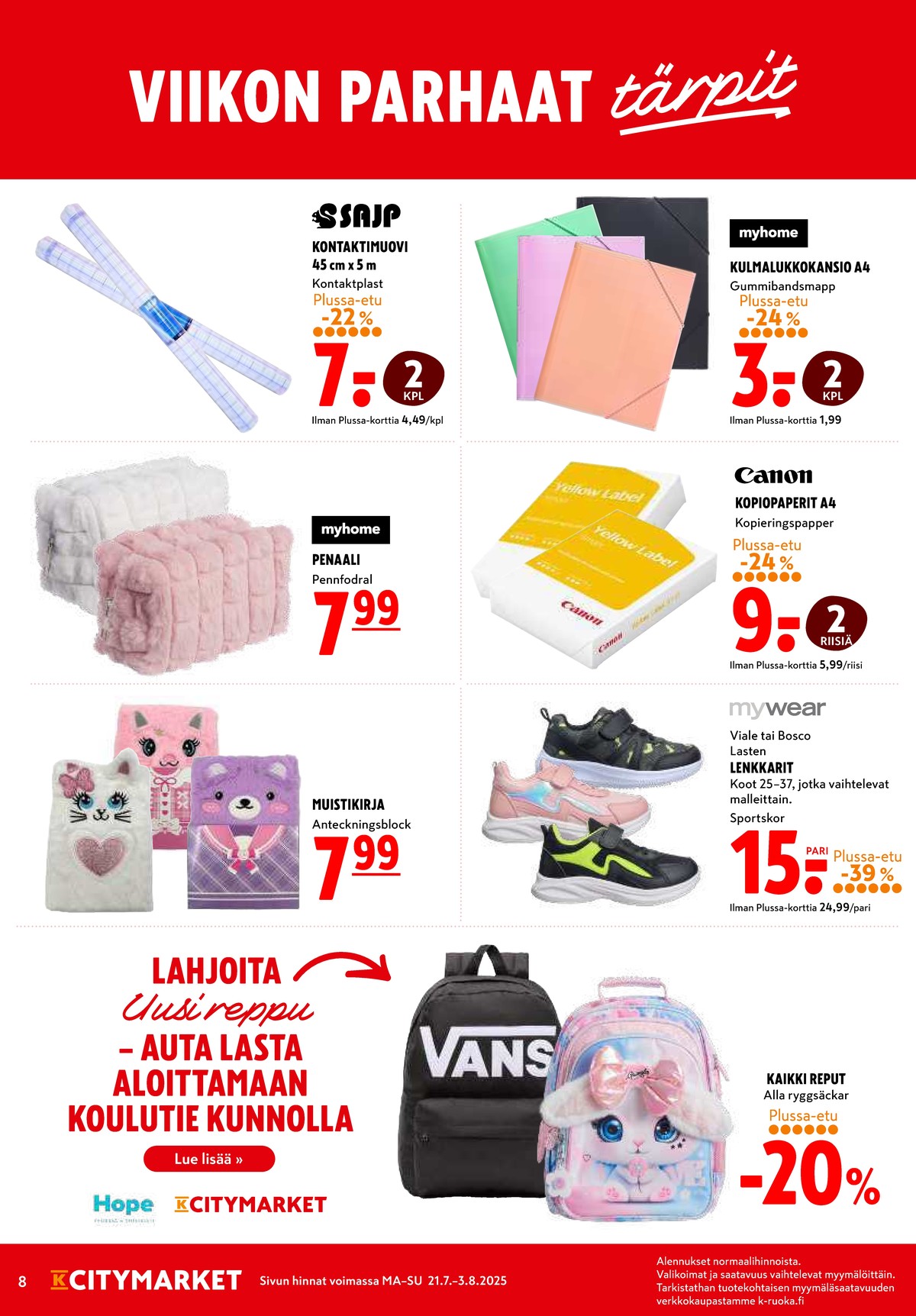Katso ketjun K-Citymarket tarjouslehti viikolta 30 sivustolla Viikkotarjoukset.fi. Löydät monia hyviä tarjouksia erilaisista tuotteista, esimerkiksi %product1% tai muista tuotteista. Lue tarjouslehti täältä! Sivu 8
