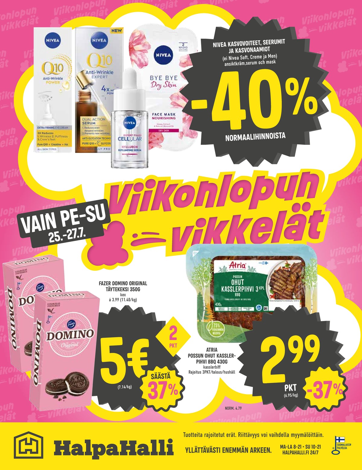 Katso ketjun Halpa Halli tarjouslehti viikolta 30 sivustolla Viikkotarjoukset.fi. Löydät monia hyviä tarjouksia erilaisista tuotteista, esimerkiksi keksit domino tai kasvovoiteet nivea. Lue tarjouslehti täältä! Sivu 12