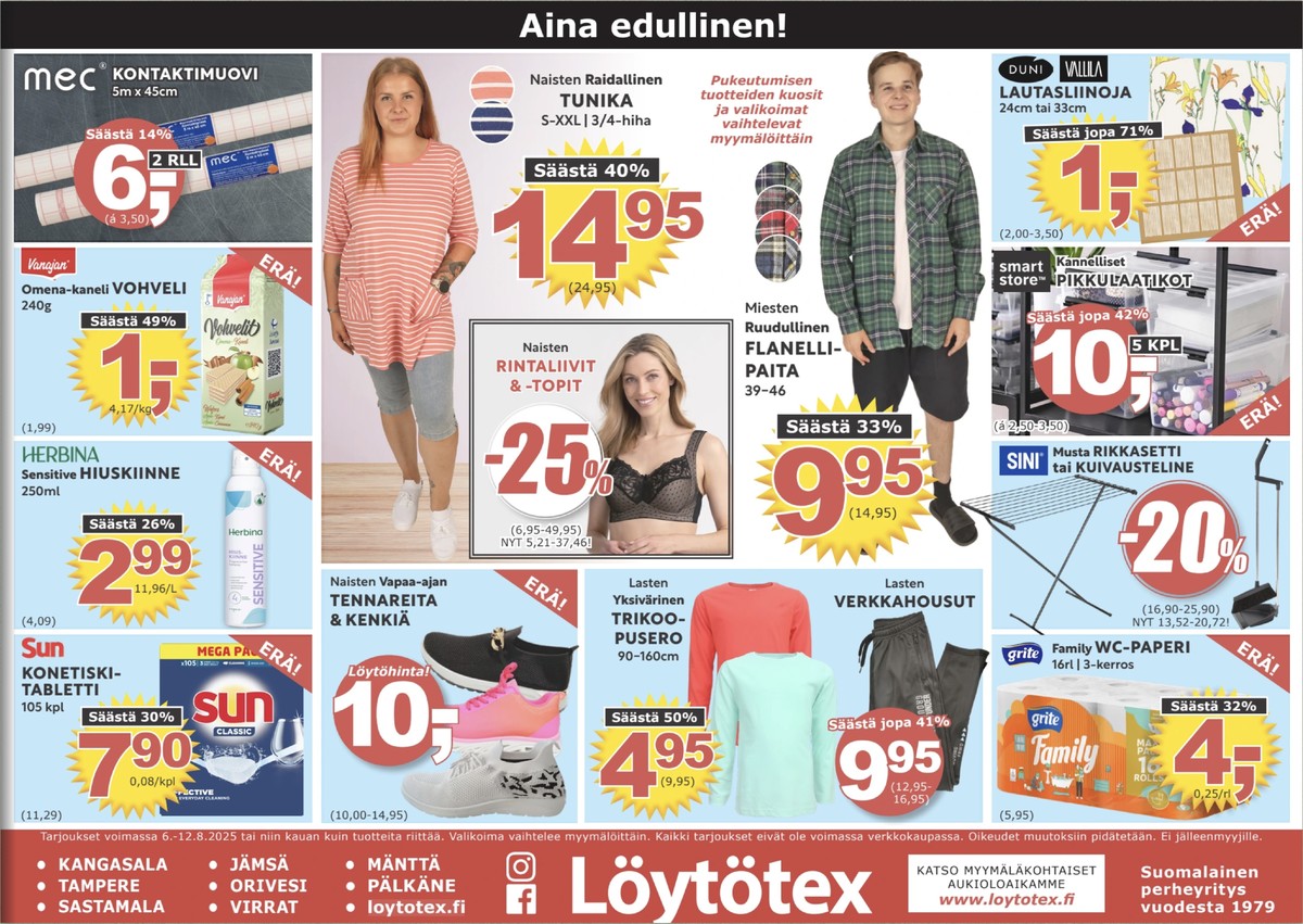 Katso ketjun Löytötex tarjouslehti viikolta 32 sivustolla Viikkotarjoukset.fi. Löydät monia hyviä tarjouksia erilaisista tuotteista, esimerkiksi kontaktimuovit mec tai vohvelit vanajan. Lue tarjouslehti täältä! Sivu 1
