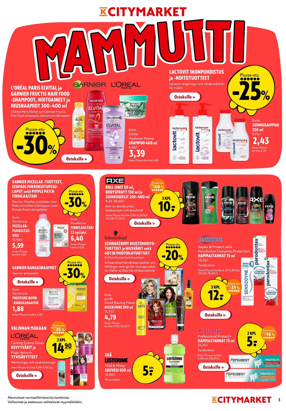 Katso ketjun K-Citymarket tarjouslehti viikolta 33 sivustolla Viikkotarjoukset.fi. Löydät monia hyviä tarjouksia erilaisista tuotteista, esimerkiksi shampoot loreal paris tai suihkusaippuat lactovit. Lue tarjouslehti täältä! Sivu 3