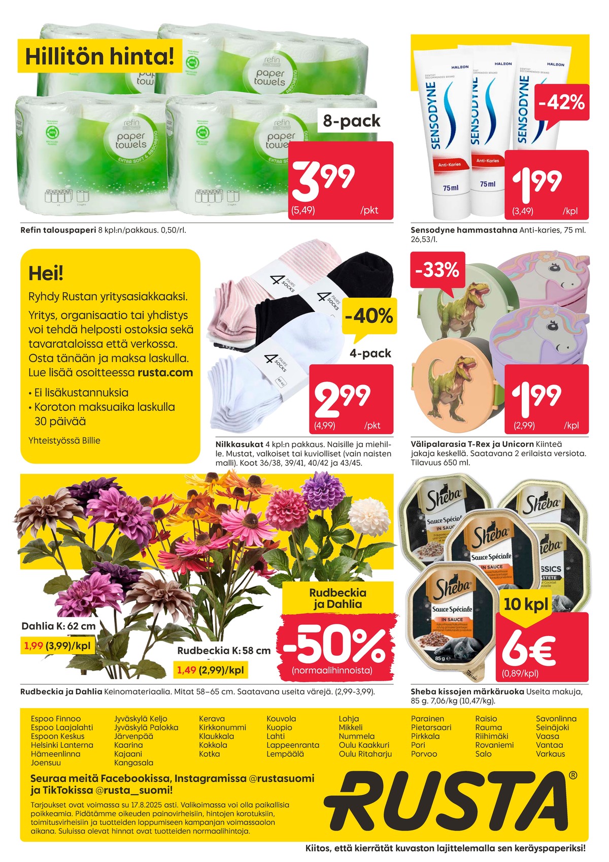 Katso ketjun Rusta tarjouslehti viikolta 33 sivustolla Viikkotarjoukset.fi. Löydät monia hyviä tarjouksia erilaisista tuotteista, esimerkiksi talouspaperit refin tai hammastahnat sensodyne. Lue tarjouslehti täältä! Sivu 20