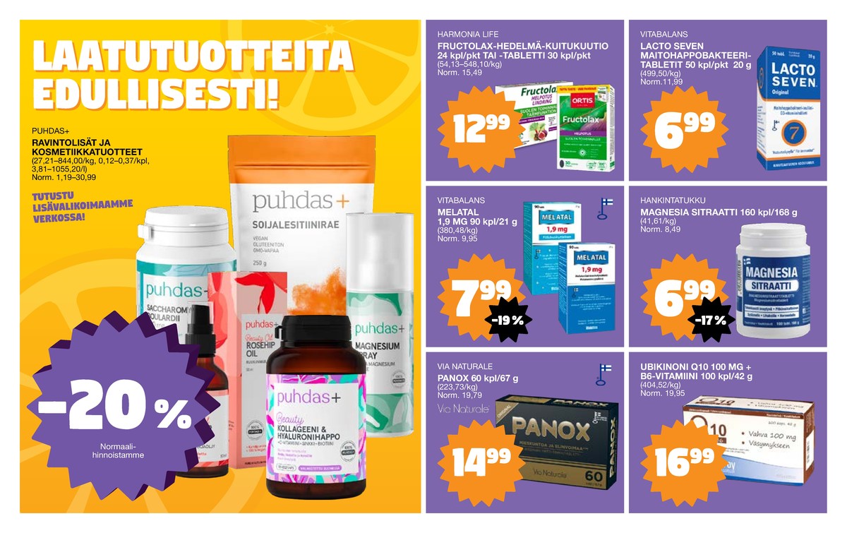 Katso ketjun Tokmanni tarjouslehti viikolta 33 sivustolla Viikkotarjoukset.fi. Löydät monia hyviä tarjouksia erilaisista tuotteista, esimerkiksi lisäravinteet puhdas plus tai kosmetiikka puhdas plus. Lue tarjouslehti täältä! Sivu 2