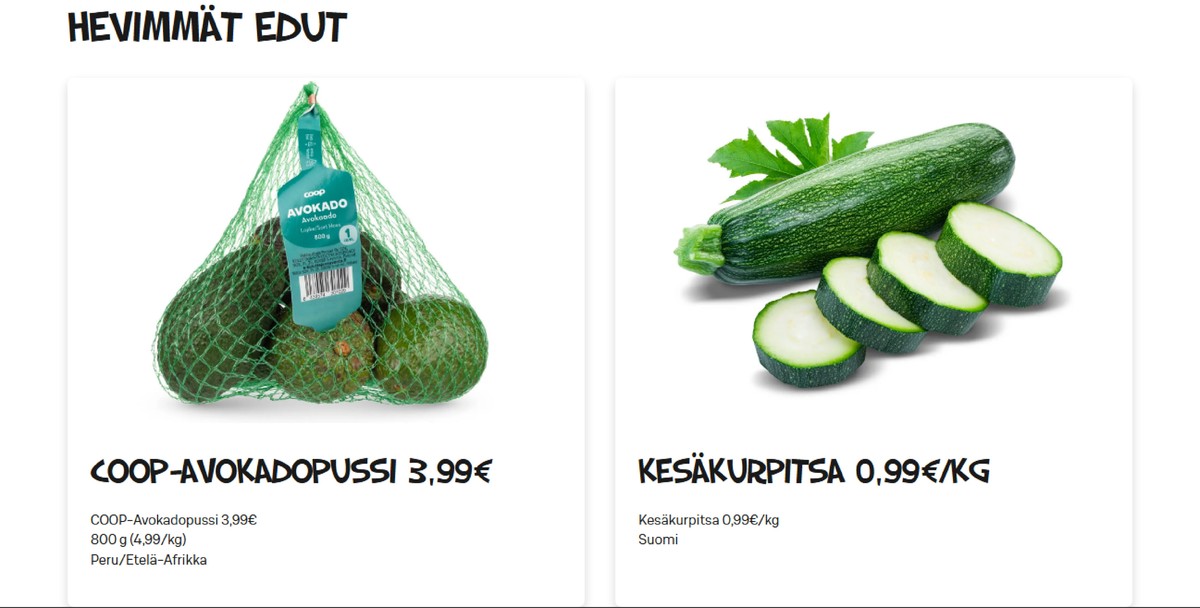 Katso ketjun Alepa tarjouslehti viikolta 33 sivustolla Viikkotarjoukset.fi. Löydät monia hyviä tarjouksia erilaisista tuotteista, esimerkiksi kesäkurpitsat ei määritelty tai avokadot coop. Lue tarjouslehti täältä! Sivu 2