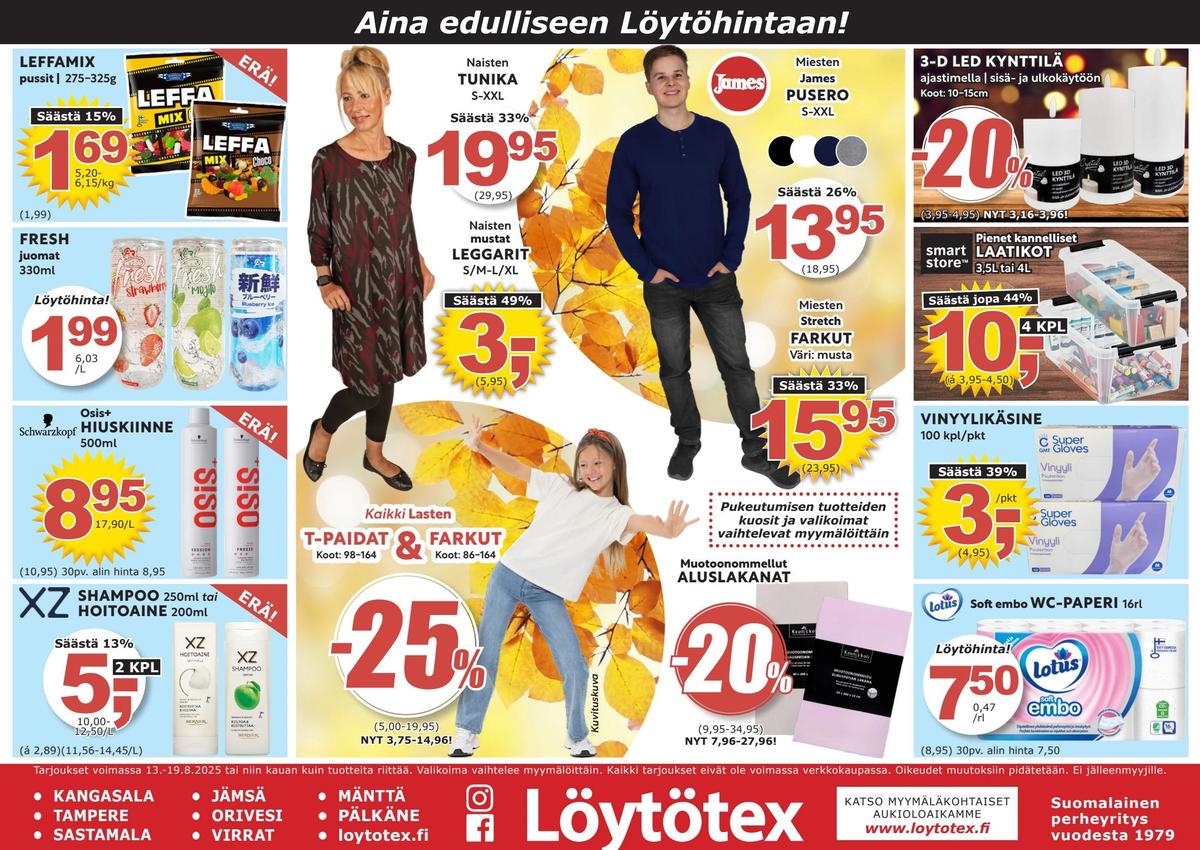 Katso ketjun Löytötex tarjouslehti viikolta 33 sivustolla Viikkotarjoukset.fi. Löydät monia hyviä tarjouksia erilaisista tuotteista, esimerkiksi karkkipussit leffa mix tai muotoilutuotteet osis. Lue tarjouslehti täältä! Sivu 1