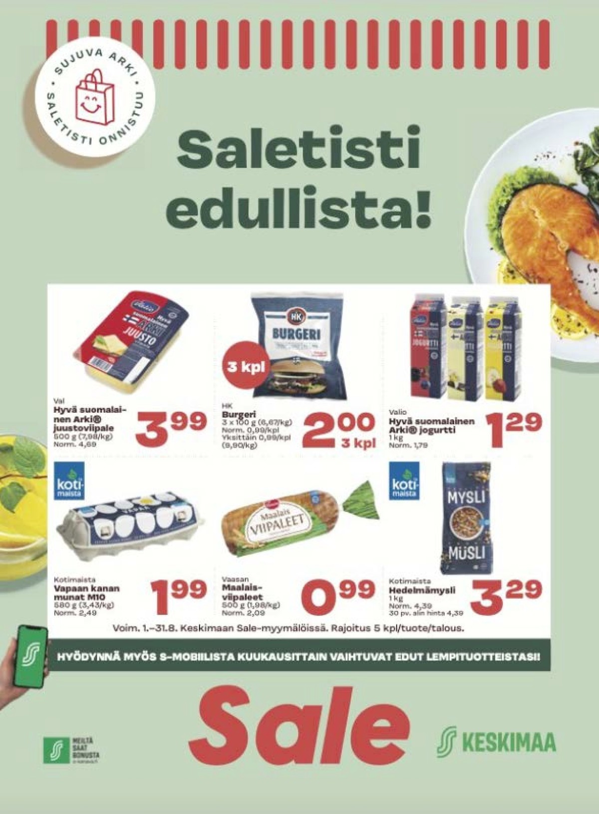 Katso ketjun Sale tarjouslehti viikolta 33 sivustolla Viikkotarjoukset.fi. Löydät monia hyviä tarjouksia erilaisista tuotteista, esimerkiksi viipalejuustot valio tai valmisruoat hk. Lue tarjouslehti täältä! Sivu 1