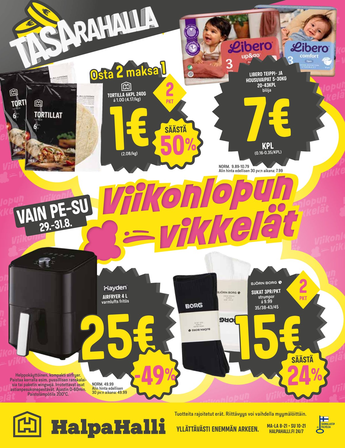Katso ketjun Halpa Halli tarjouslehti viikolta 35 sivustolla Viikkotarjoukset.fi. Löydät monia hyviä tarjouksia erilaisista tuotteista, esimerkiksi tortilla wraps hyvän arjen tai vaipat libero. Lue tarjouslehti täältä! Sivu 12