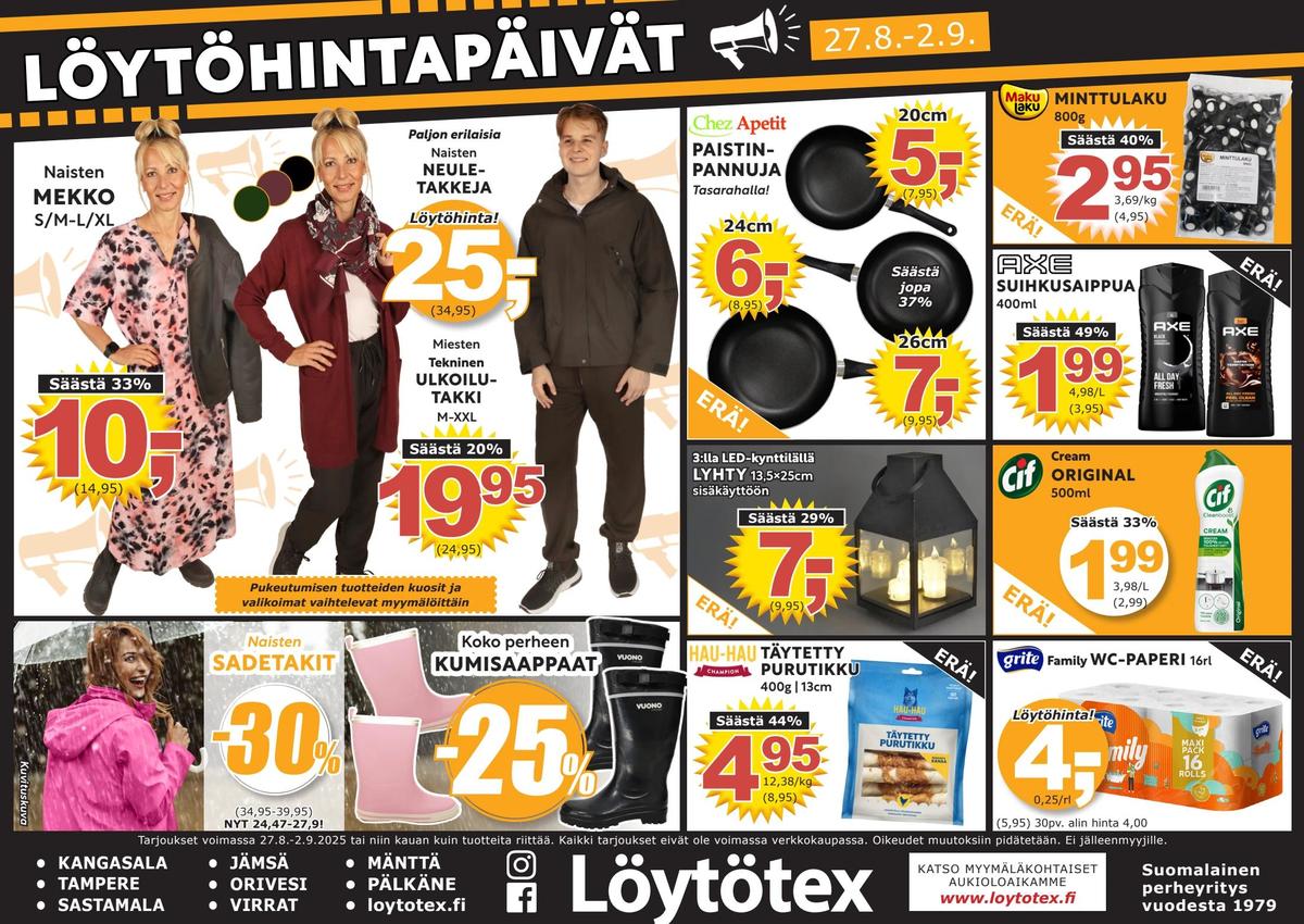 Katso ketjun Löytötex tarjouslehti viikolta 35 sivustolla Viikkotarjoukset.fi. Löydät monia hyviä tarjouksia erilaisista tuotteista, esimerkiksi lakritsat makulaku tai suihkusaippuat axe. Lue tarjouslehti täältä! Sivu 1