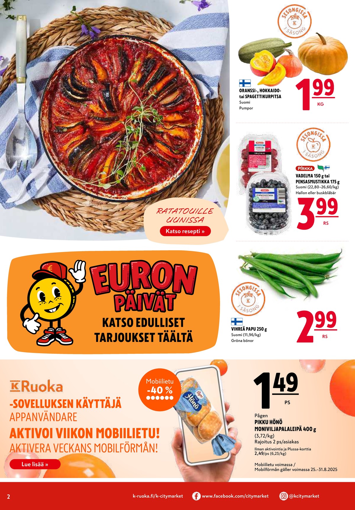 Katso ketjun K-Citymarket tarjouslehti viikolta 35 sivustolla Viikkotarjoukset.fi. Löydät monia hyviä tarjouksia erilaisista tuotteista, esimerkiksi vadelmat pirkka tai sekaleivät pikku hönö. Lue tarjouslehti täältä! Sivu 2
