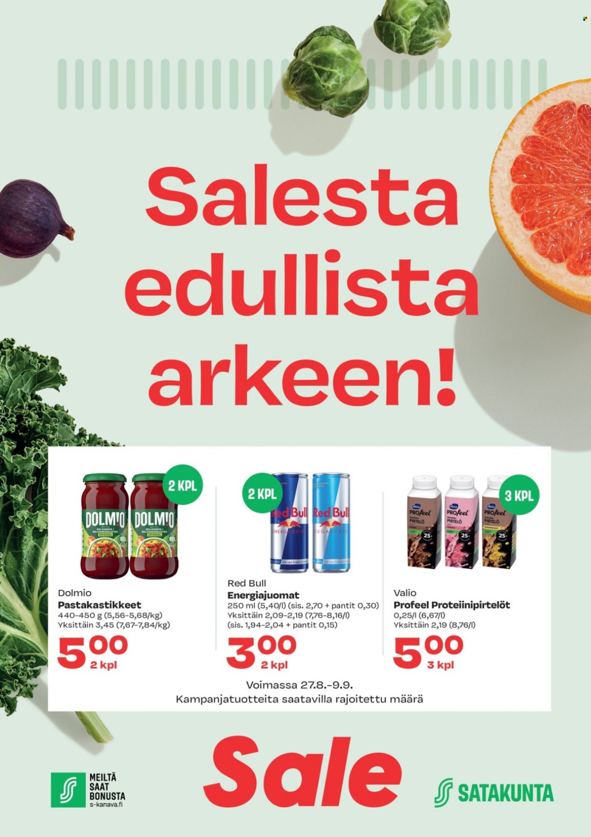 Katso ketjun Sale tarjouslehti viikolta 36 sivustolla Viikkotarjoukset.fi. Löydät monia hyviä tarjouksia erilaisista tuotteista, esimerkiksi proteiinijuomat profeel tai bolognese pasta sauce dolmio. Lue tarjouslehti täältä! Sivu 1
