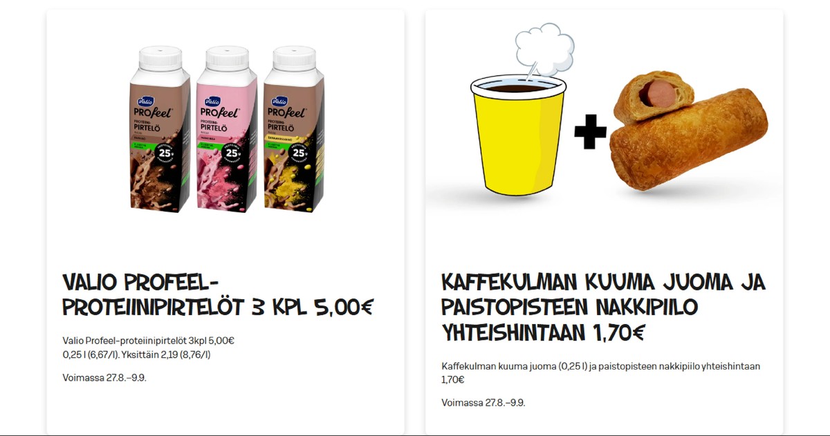 Katso ketjun Alepa tarjouslehti viikolta 36 sivustolla Viikkotarjoukset.fi. Löydät monia hyviä tarjouksia erilaisista tuotteista, esimerkiksi proteiinijuomat profeel tai hot dog sämpylät ei määritelty. Lue tarjouslehti täältä! Sivu 1
