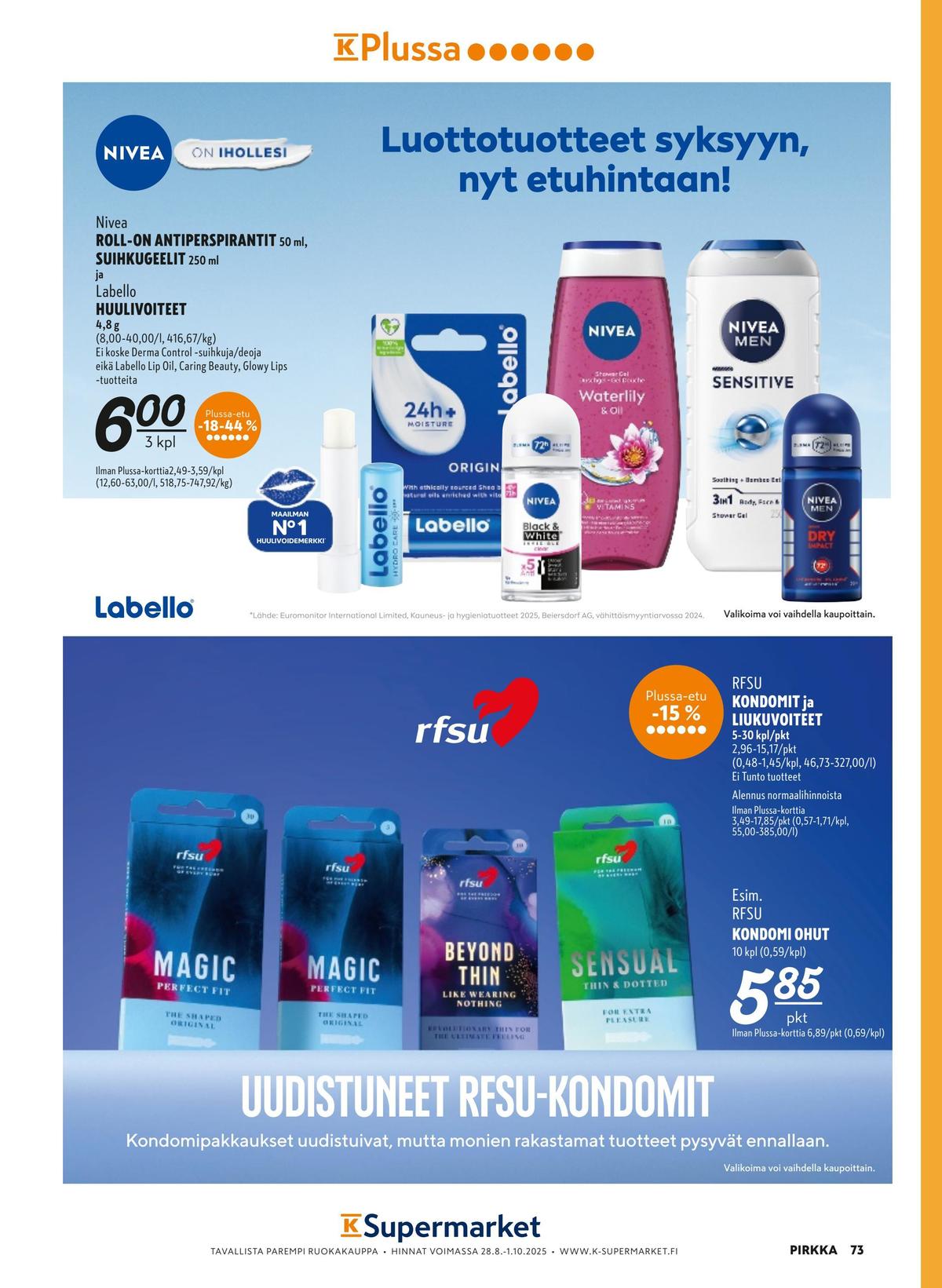 Katso ketjun K-Supermarket tarjouslehti viikolta 37 sivustolla Viikkotarjoukset.fi. Löydät monia hyviä tarjouksia erilaisista tuotteista, esimerkiksi kondomit rfsu private area tai deodorant roll-on nivea. Lue tarjouslehti täältä! Sivu 4