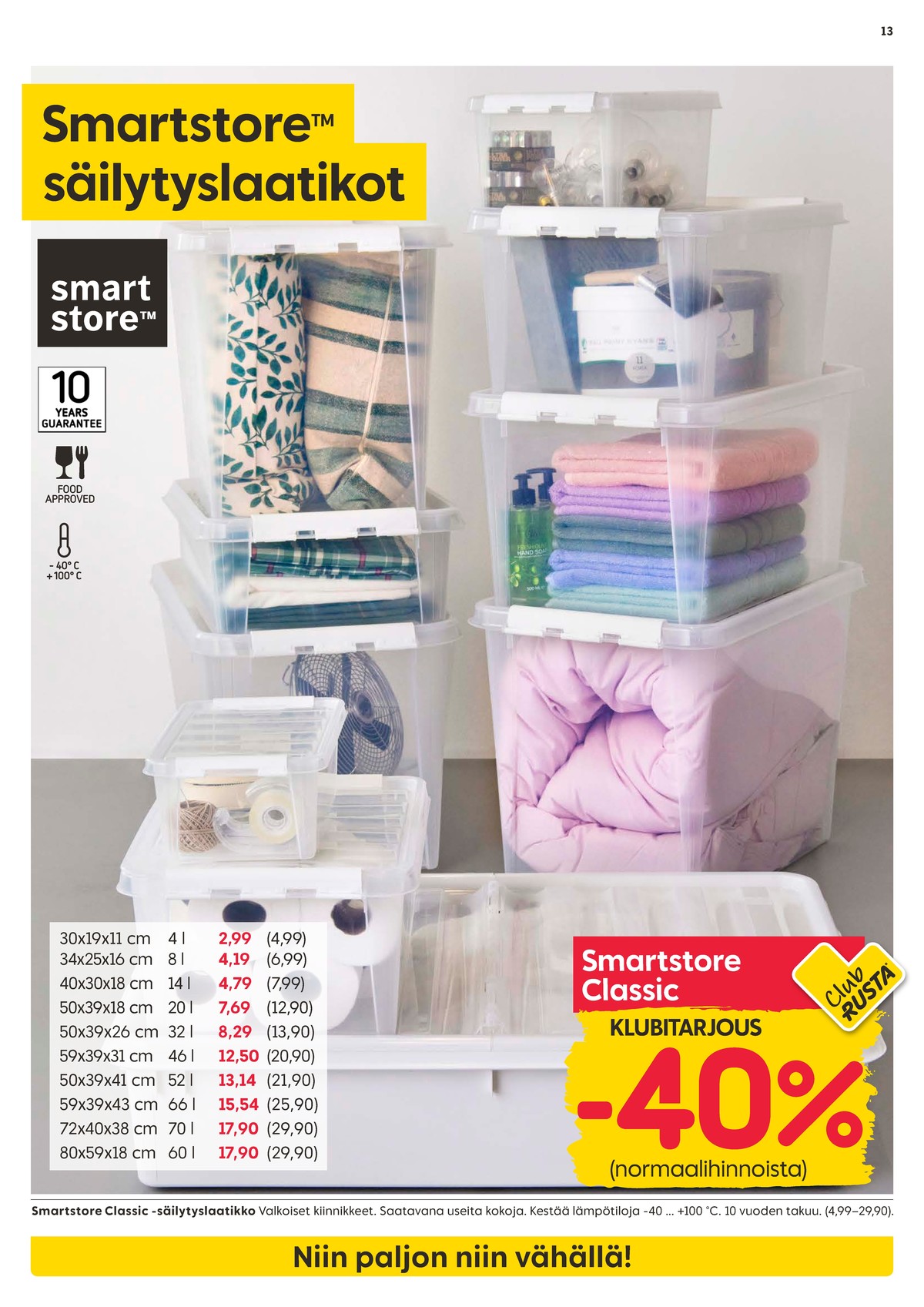 Katso ketjun Rusta tarjouslehti viikolta 37 sivustolla Viikkotarjoukset.fi. Löydät monia hyviä tarjouksia erilaisista tuotteista, esimerkiksi säilytyslaatikot smartstore tai säilytyslaatikot smartstore. Lue tarjouslehti täältä! Sivu 13