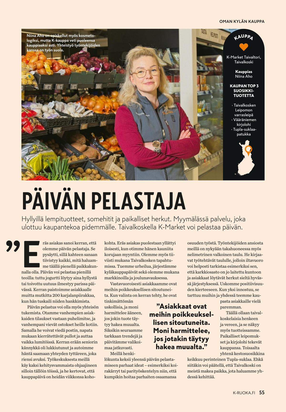 Katso ketjun K-Ruoka tarjouslehti viikolta 37 sivustolla Viikkotarjoukset.fi. Löydät monia hyviä tarjouksia erilaisista tuotteista. Lue tarjouslehti täältä! Sivu 55