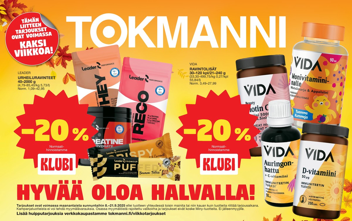 Katso ketjun Tokmanni tarjouslehti viikolta 37 sivustolla Viikkotarjoukset.fi. Löydät monia hyviä tarjouksia erilaisista tuotteista, esimerkiksi lisäravinteet vida tai proteiinipatukat leader. Lue tarjouslehti täältä! Sivu 1