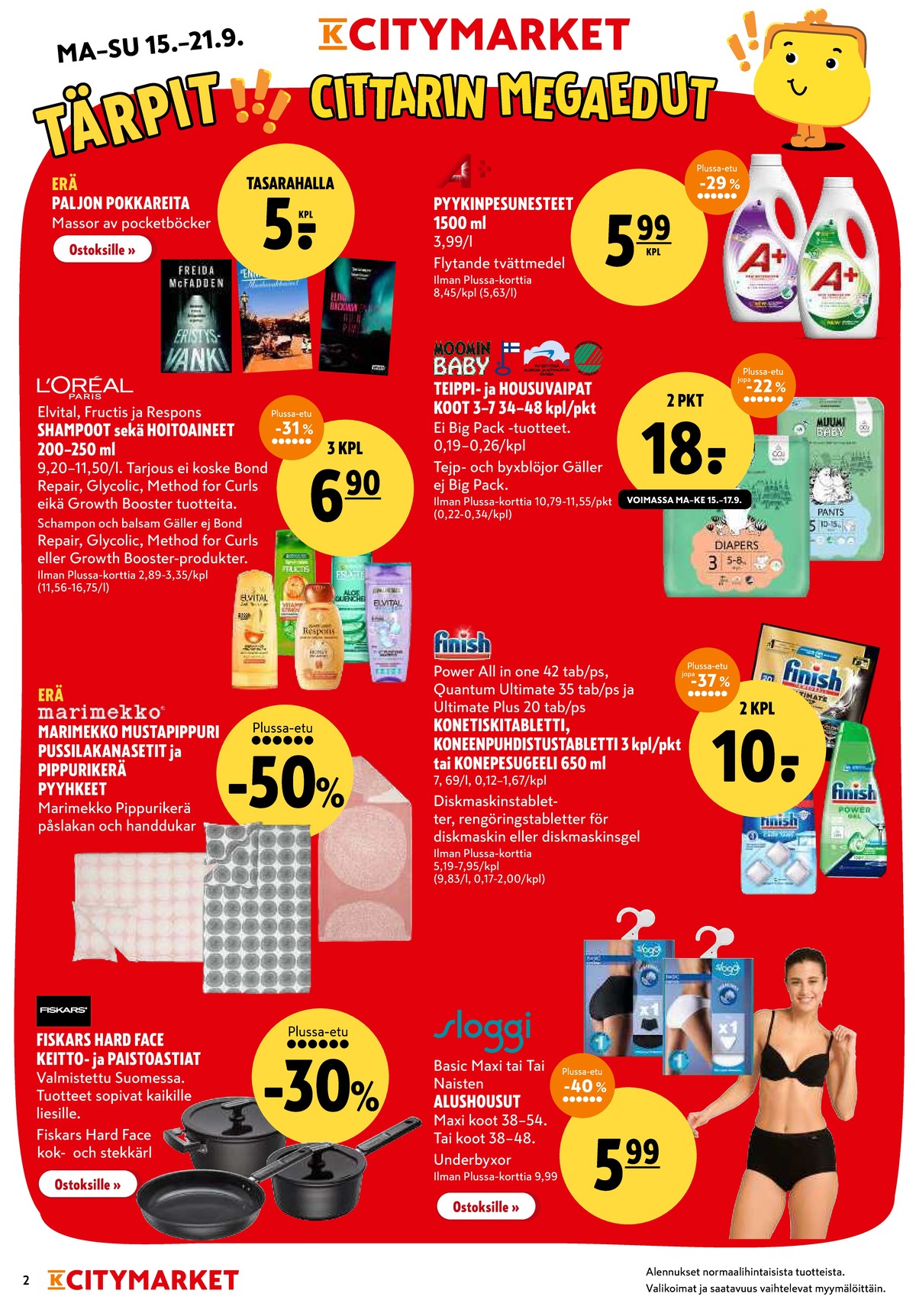 Katso ketjun K-Citymarket tarjouslehti viikolta 38 sivustolla Viikkotarjoukset.fi. Löydät monia hyviä tarjouksia erilaisista tuotteista, esimerkiksi pokkarit ei määritelty tai shampoot elvital. Lue tarjouslehti täältä! Sivu 2
