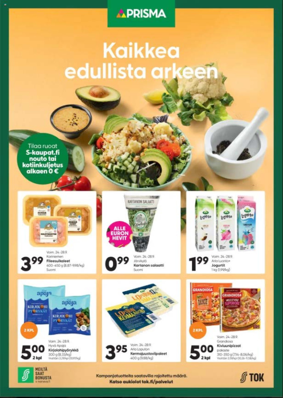 Katso ketjun Prisma tarjouslehti viikolta 39 sivustolla Viikkotarjoukset.fi. Löydät monia hyviä tarjouksia erilaisista tuotteista, esimerkiksi valmisruoat hyvä apaja tai jogurtit luonto plus. Lue tarjouslehti täältä! Sivu 1