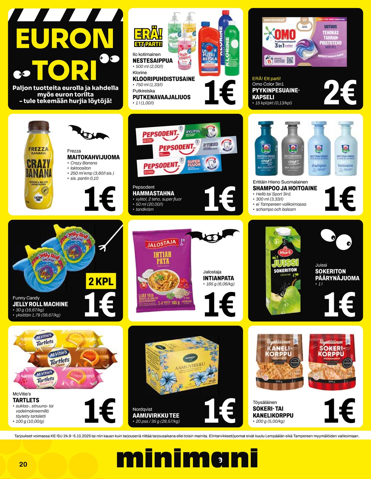 Katso ketjun Minimani tarjouslehti viikolta 40 sivustolla Viikkotarjoukset.fi. Löydät monia hyviä tarjouksia erilaisista tuotteista, esimerkiksi keksit mcvities tai mehut juissi. Lue tarjouslehti täältä! Sivu 20