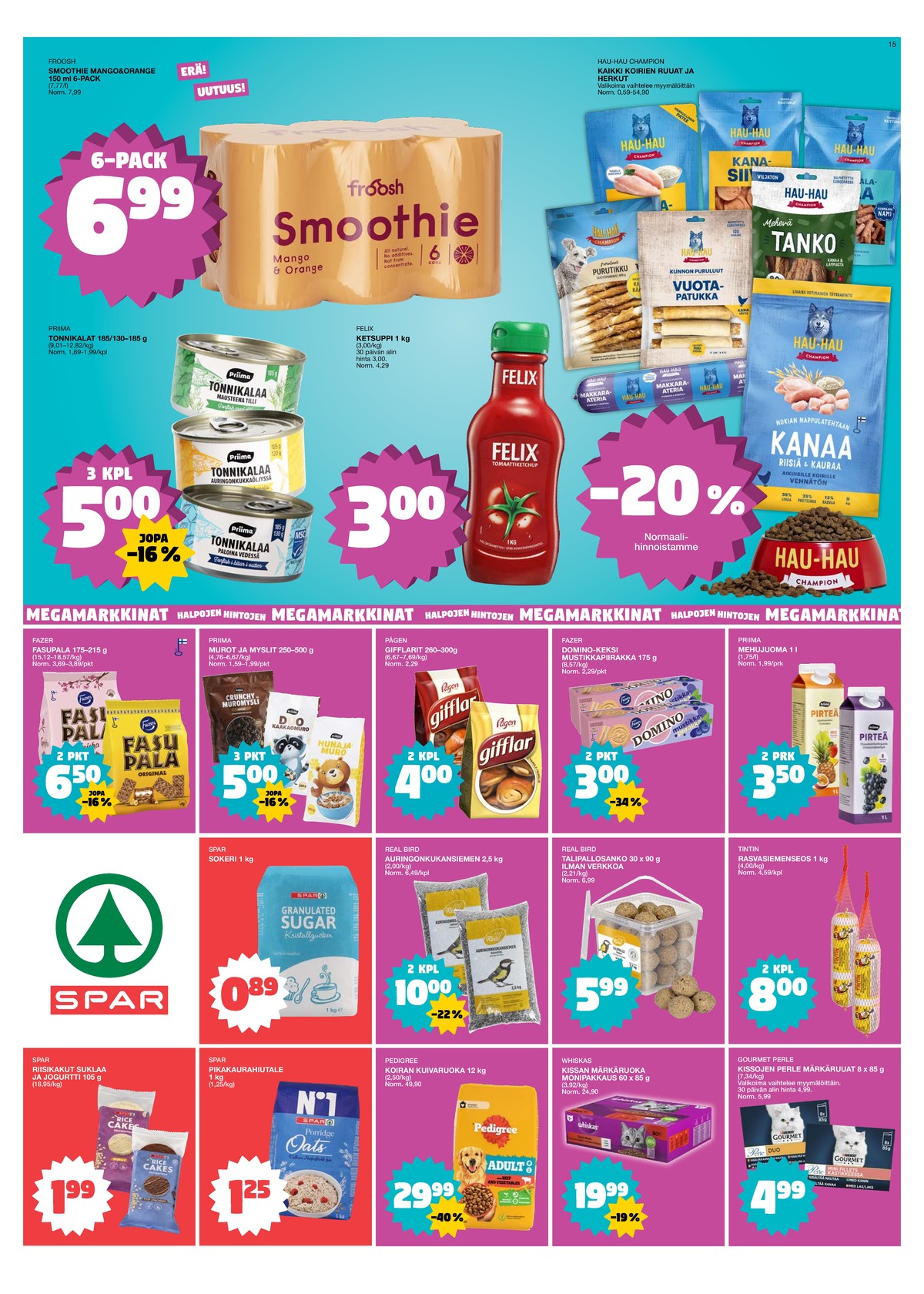Katso ketjun Tokmanni tarjouslehti viikolta 40 sivustolla Viikkotarjoukset.fi. Löydät monia hyviä tarjouksia erilaisista tuotteista, esimerkiksi smoothies froosh tai koiran ruoka hau hau champion. Lue tarjouslehti täältä! Sivu 15