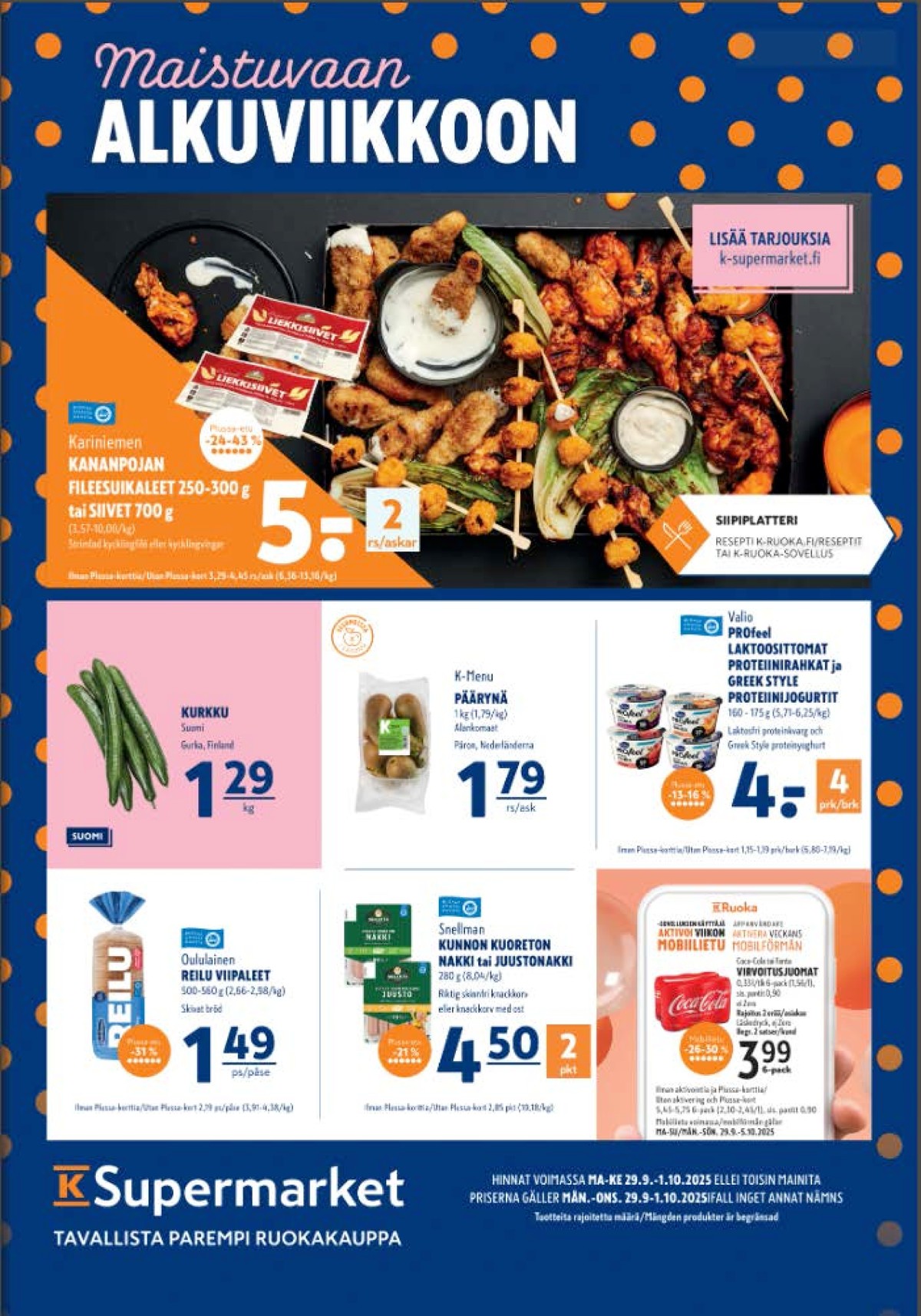 Katso ketjun K-Supermarket tarjouslehti viikolta 40 sivustolla Viikkotarjoukset.fi. Löydät monia hyviä tarjouksia erilaisista tuotteista, esimerkiksi paahtoleivät reilu tai rahkat profeel. Lue tarjouslehti täältä! Sivu 1