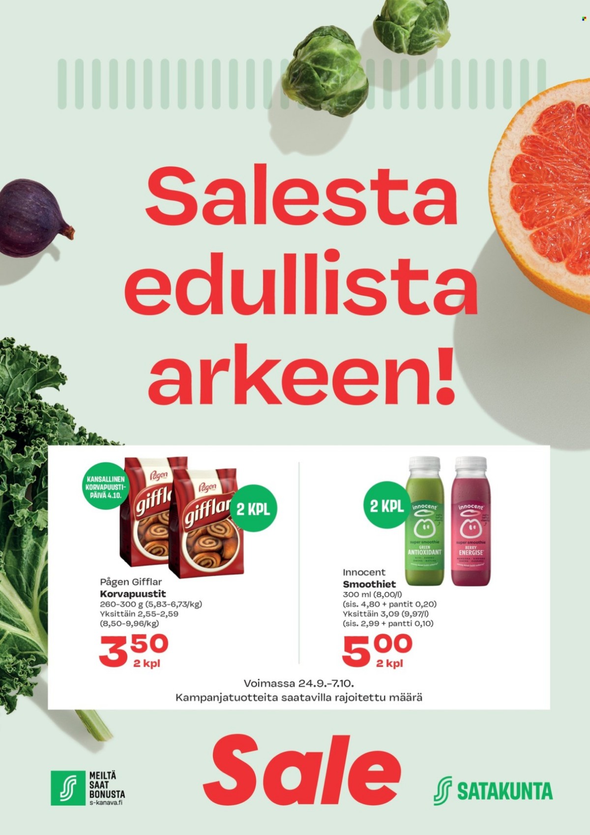 Katso ketjun Sale tarjouslehti viikolta 40 sivustolla Viikkotarjoukset.fi. Löydät monia hyviä tarjouksia erilaisista tuotteista, esimerkiksi smoothies innocent tai korvapuustit gifflar. Lue tarjouslehti täältä! Sivu 1