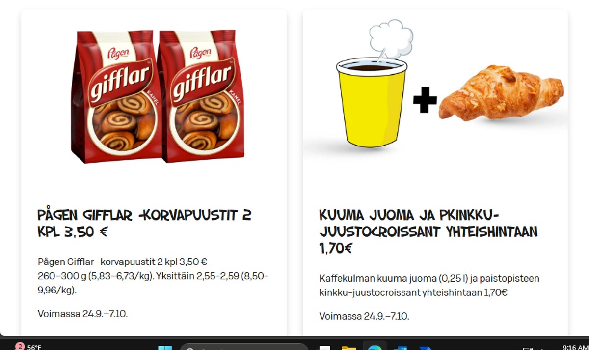 Katso ketjun Alepa tarjouslehti viikolta 40 sivustolla Viikkotarjoukset.fi. Löydät monia hyviä tarjouksia erilaisista tuotteista, esimerkiksi korvapuustit gifflar tai croissant ei määritelty. Lue tarjouslehti täältä! Sivu 1