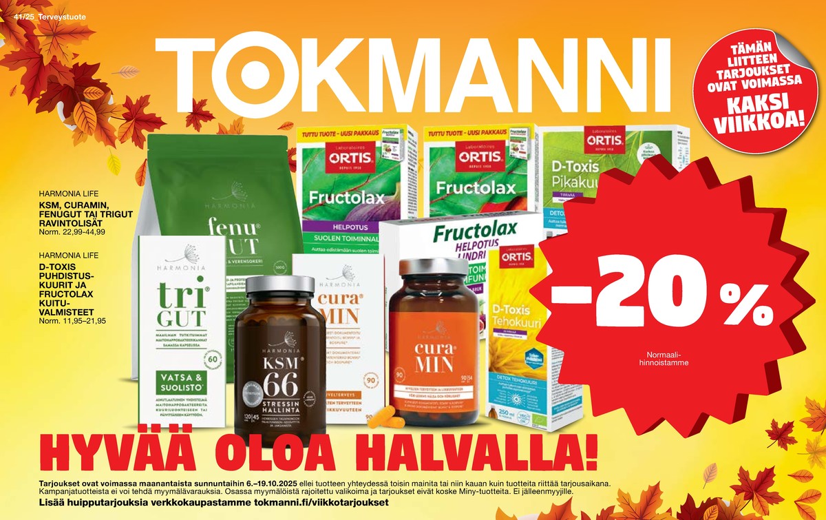 Katso ketjun Tokmanni tarjouslehti viikolta 41 sivustolla Viikkotarjoukset.fi. Löydät monia hyviä tarjouksia erilaisista tuotteista, esimerkiksi terveystuotteet ksm 66 tai lisäravinteet curamin. Lue tarjouslehti täältä! Sivu 1