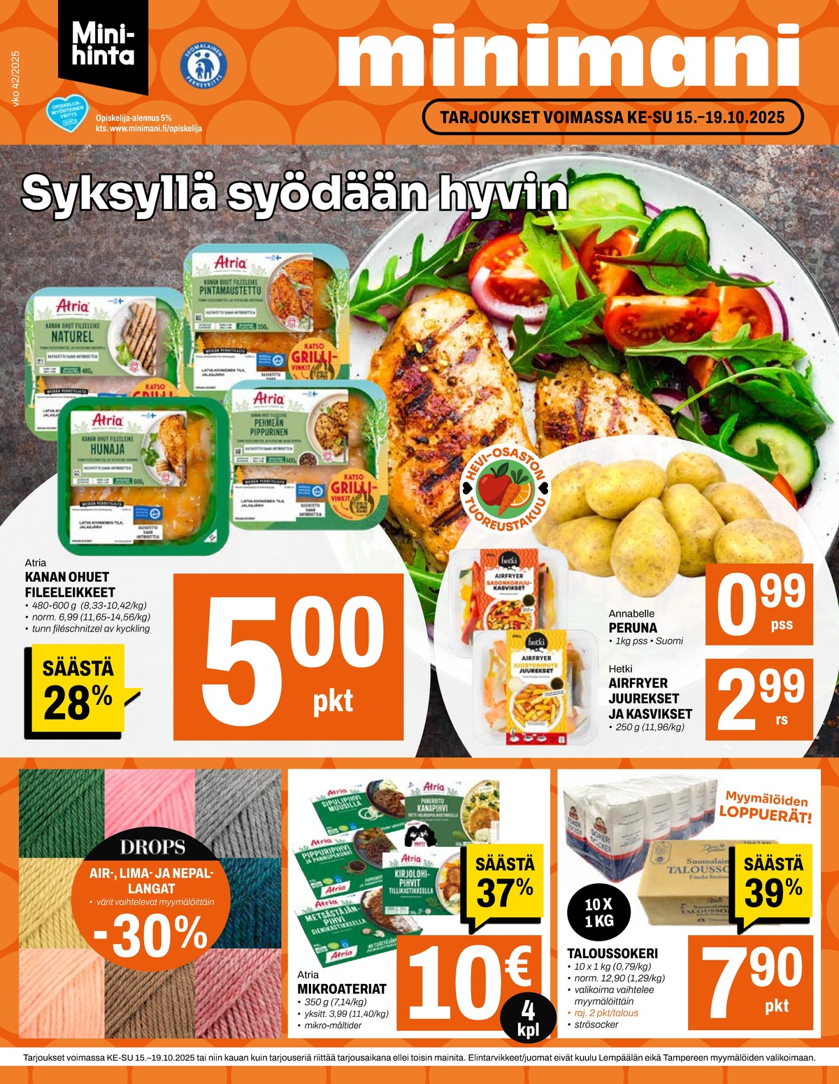 Katso ketjun Minimani tarjouslehti viikolta 42 sivustolla Viikkotarjoukset.fi. Löydät monia hyviä tarjouksia erilaisista tuotteista, esimerkiksi kanan fileeleikkeet atria tai sokeri dansukker. Lue tarjouslehti täältä! Sivu 1
