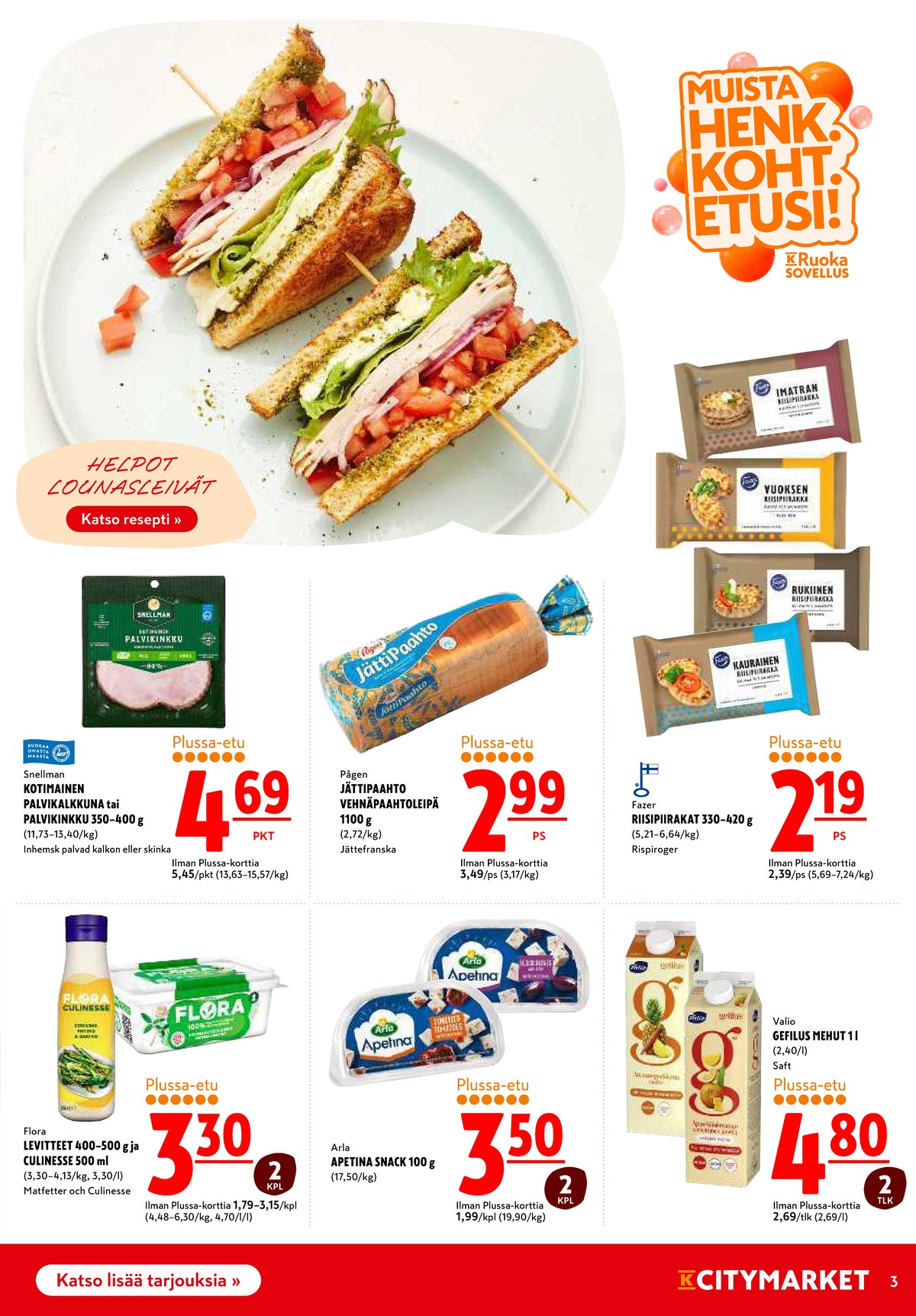 Katso ketjun K-Citymarket tarjouslehti viikolta 43 sivustolla Viikkotarjoukset.fi. Löydät monia hyviä tarjouksia erilaisista tuotteista. Lue tarjouslehti täältä! Sivu 3