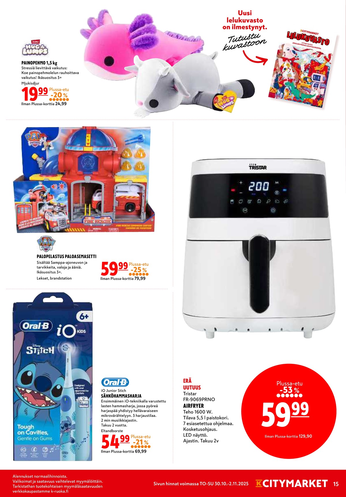 Katso ketjun K-Citymarket tarjouslehti viikolta 44 sivustolla Viikkotarjoukset.fi. Löydät monia hyviä tarjouksia erilaisista tuotteista, esimerkiksi sähköhammasharjat braun oral-b tai airfryer tristar. Lue tarjouslehti täältä! Sivu 15