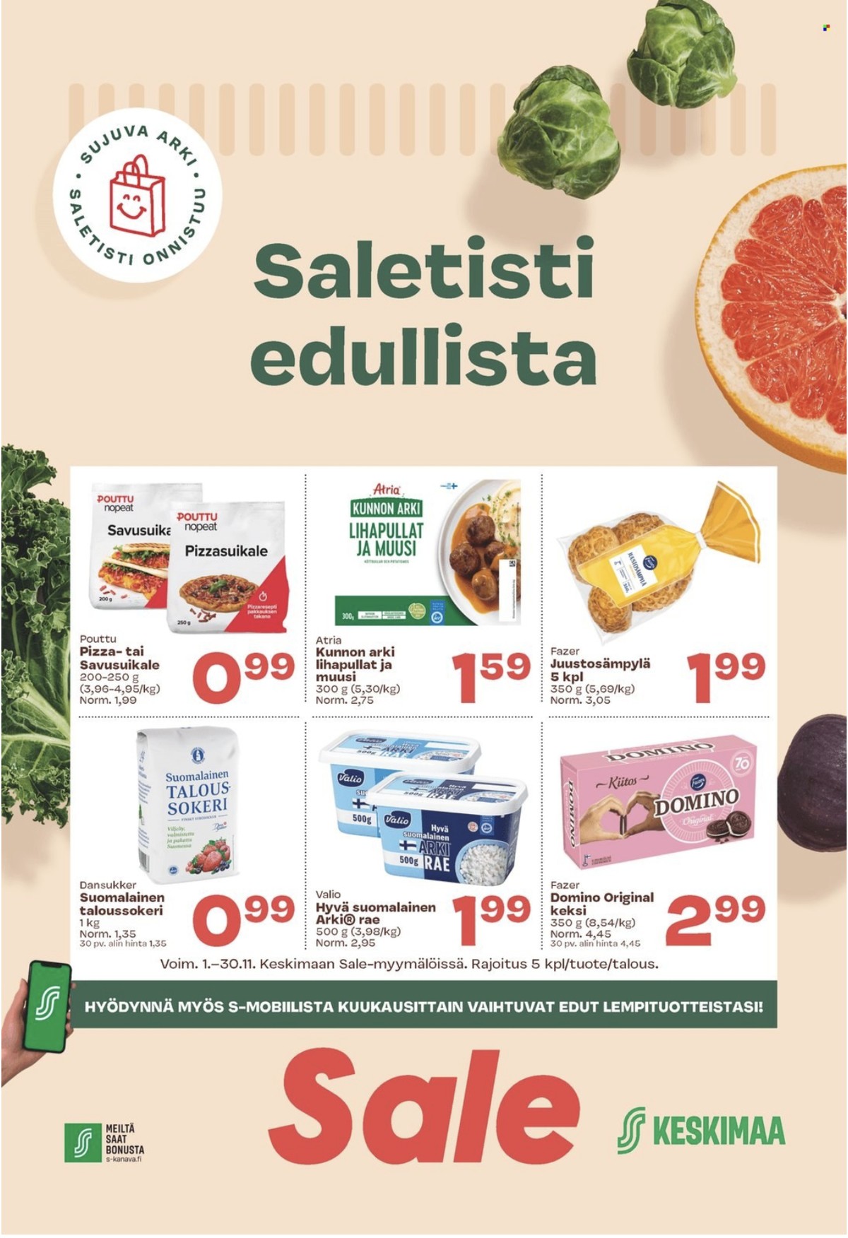 Katso ketjun Sale tarjouslehti viikolta 46 sivustolla Viikkotarjoukset.fi. Löydät monia hyviä tarjouksia erilaisista tuotteista, esimerkiksi sokeri dansukker tai keksit domino. Lue tarjouslehti täältä! Sivu 1