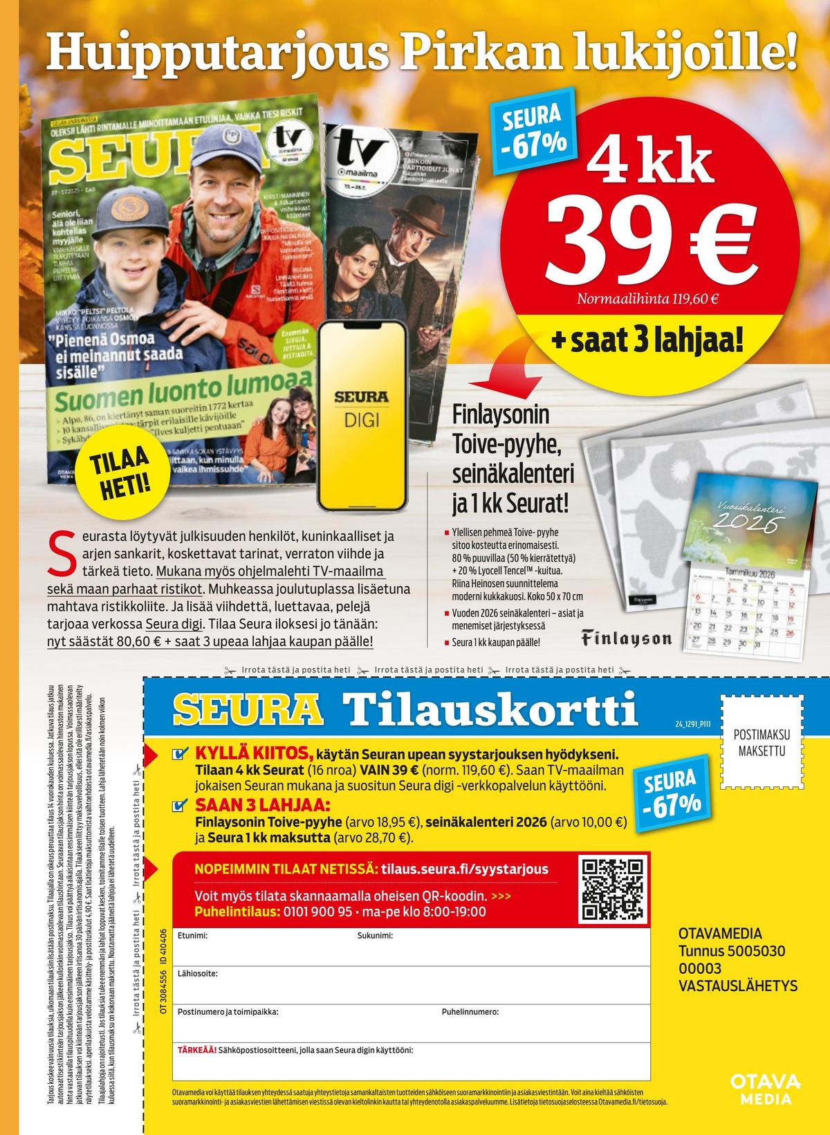 Katso ketjun Pirkka tarjouslehti viikolta 46 sivustolla Viikkotarjoukset.fi. Löydät monia hyviä tarjouksia erilaisista tuotteista. Lue tarjouslehti täältä! Sivu 60