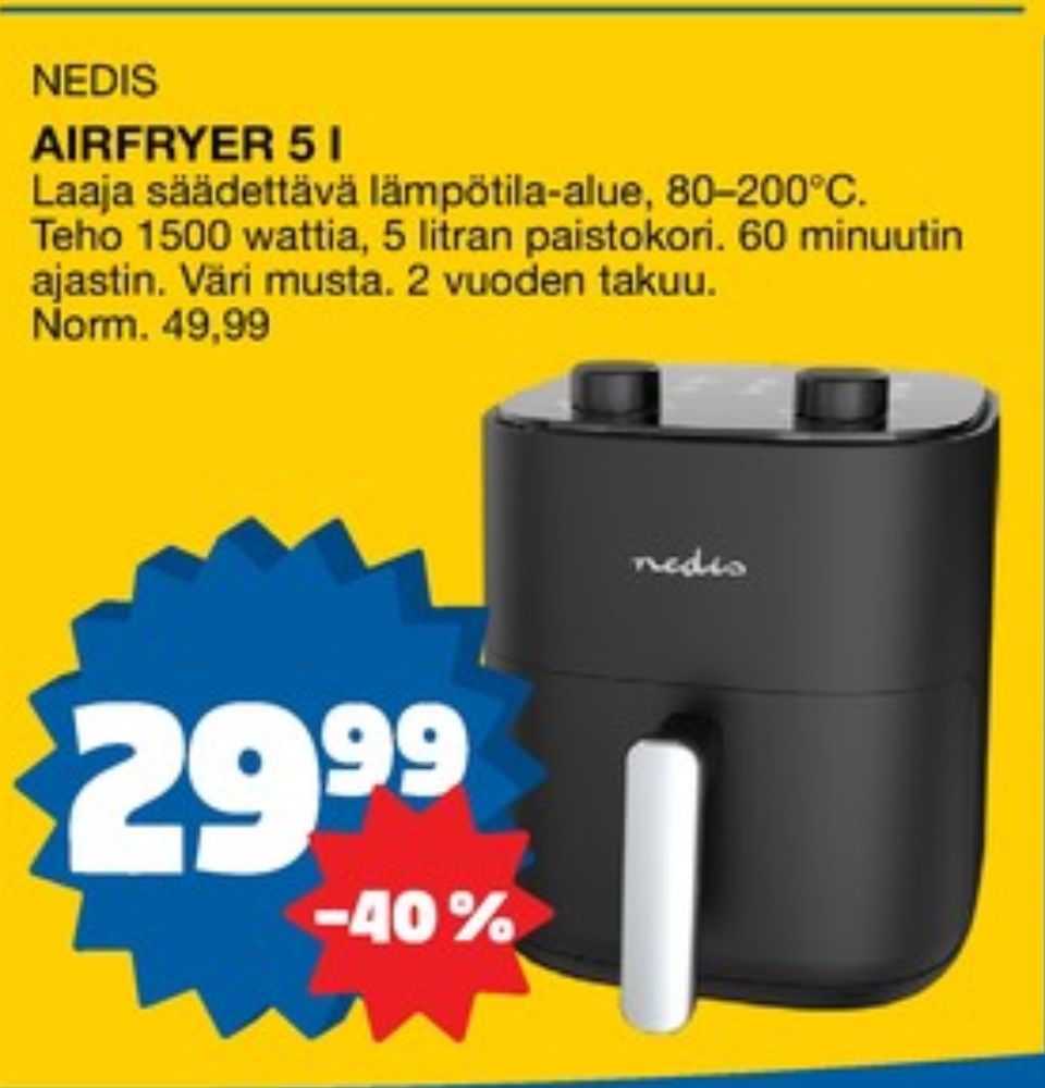 Tarjoukset ja hintavertailu haulla Nedis, , Airfryer 0.000 kpl 1 kappale €29.99