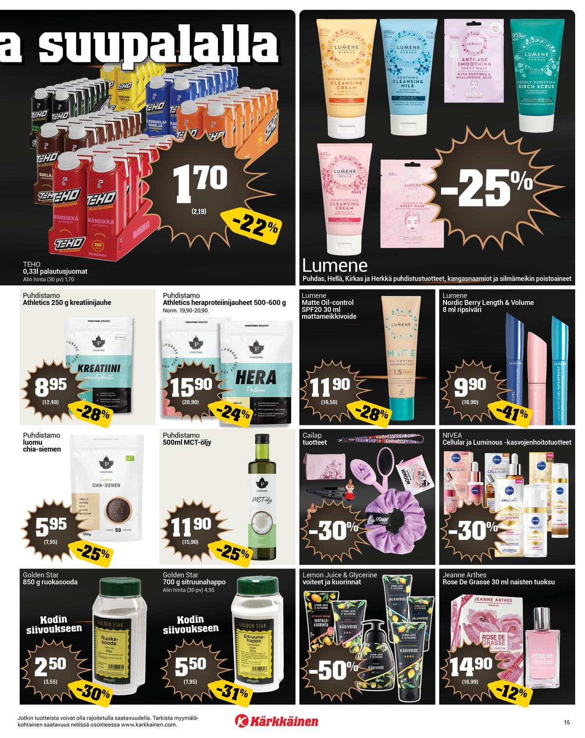 Katso ketjun Kärkkäinen tarjouslehti viikolta 48 sivustolla Viikkotarjoukset.fi. Löydät monia hyviä tarjouksia erilaisista tuotteista. Lue tarjouslehti täältä! Sivu 15
