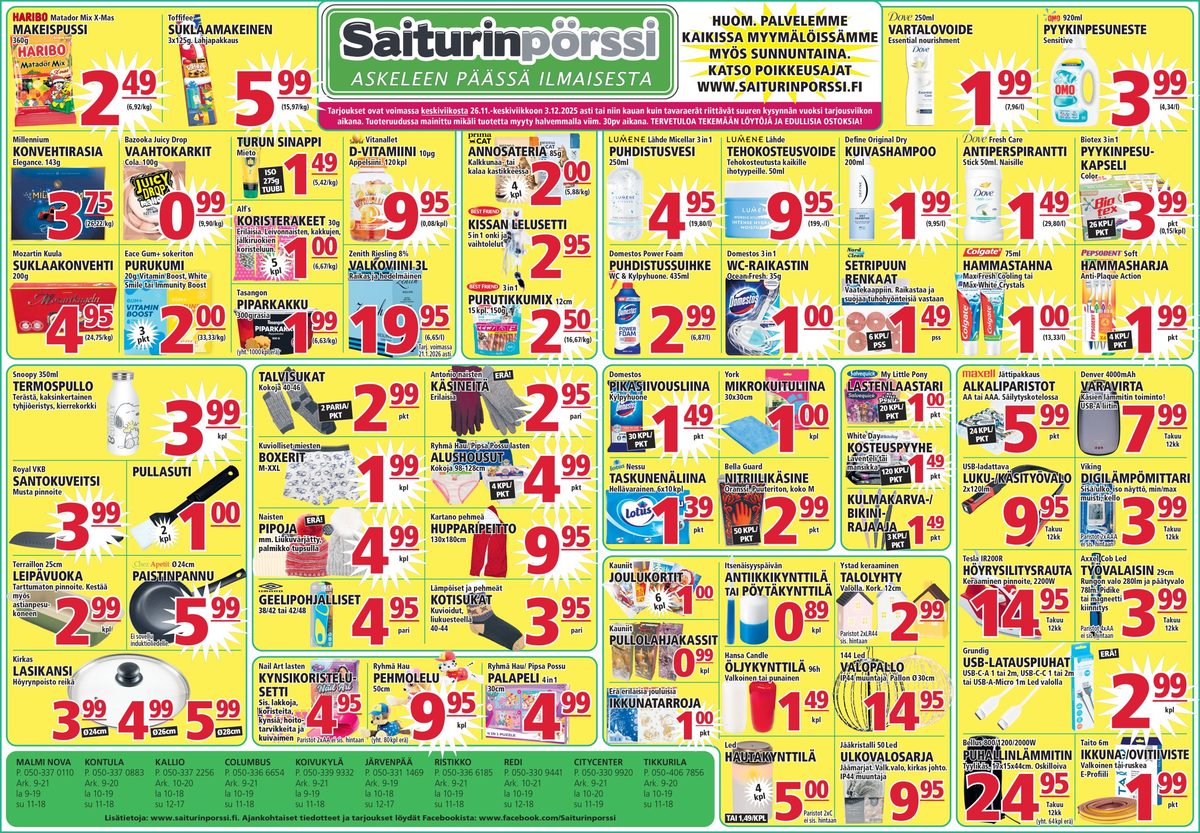 Katso ketjun Saiturin Pörssi tarjouslehti viikolta 48 sivustolla Viikkotarjoukset.fi. Löydät monia hyviä tarjouksia erilaisista tuotteista, esimerkiksi keittiöveitset royal vkb tai makeiset toffifee. Lue tarjouslehti täältä! Sivu 1