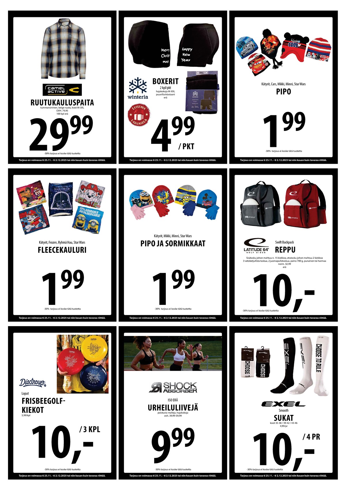 Katso ketjun Keskinen tarjouslehti viikolta 48 sivustolla Viikkotarjoukset.fi. Löydät monia hyviä tarjouksia erilaisista tuotteista, esimerkiksi frisbeegolfkiekot ei määritelty tai reput latitude. Lue tarjouslehti täältä! Sivu 26