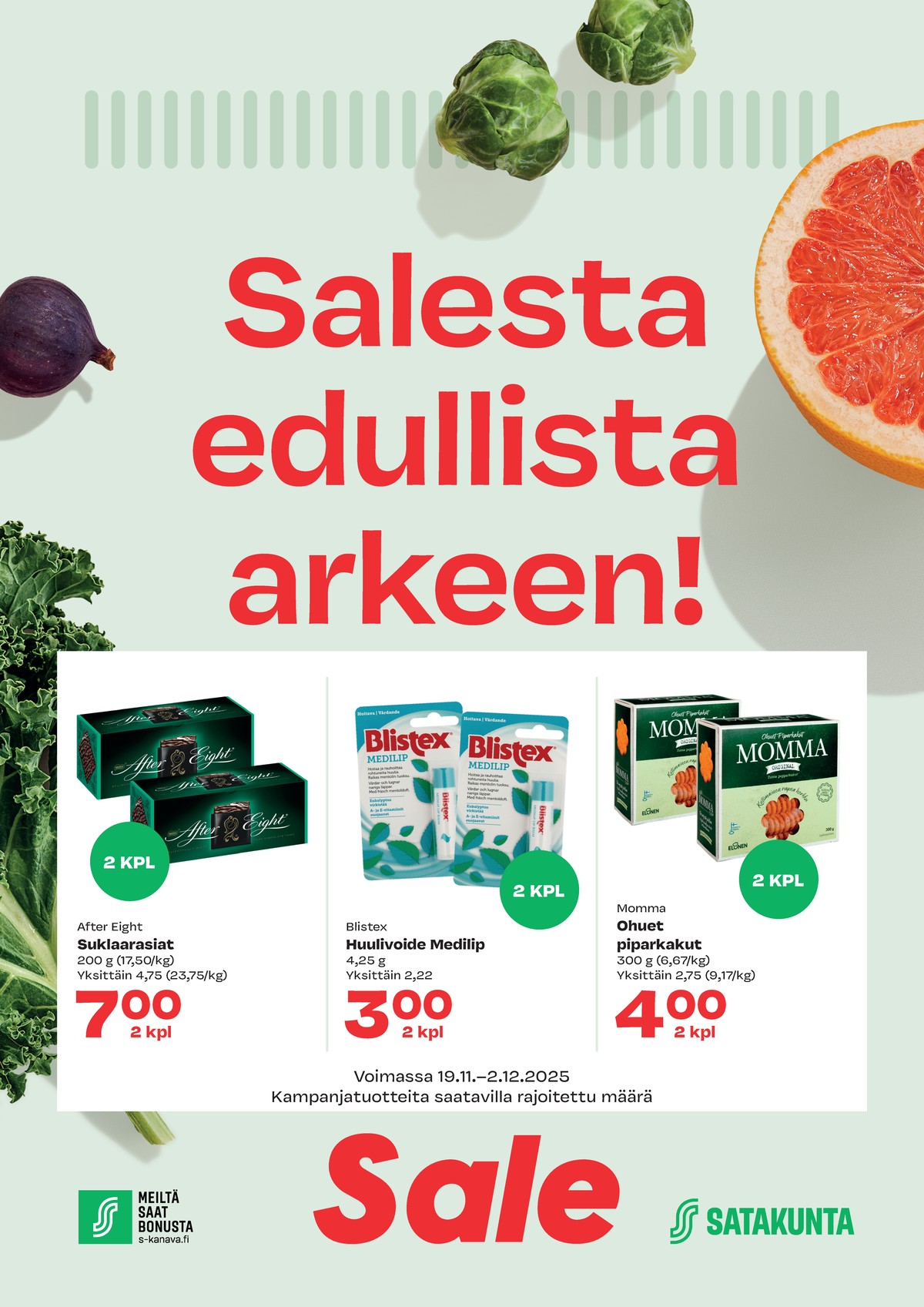 Katso ketjun Sale tarjouslehti viikolta 48 sivustolla Viikkotarjoukset.fi. Löydät monia hyviä tarjouksia erilaisista tuotteista, esimerkiksi suklaa after eight tai huulivoiteet blistex. Lue tarjouslehti täältä! Sivu 1