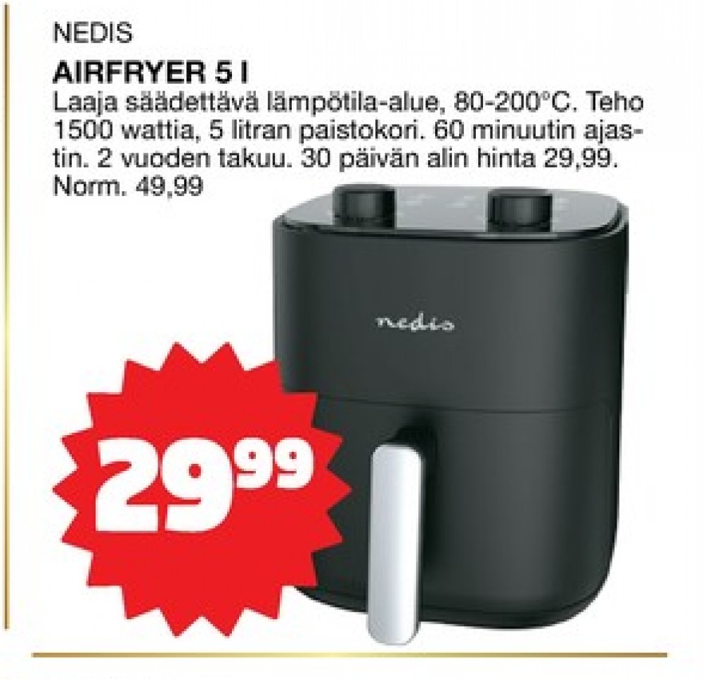 Tarjoukset ja hintavertailu haulla Nedis, , Airfryer 0.000 kpl 1 kappale €29.99