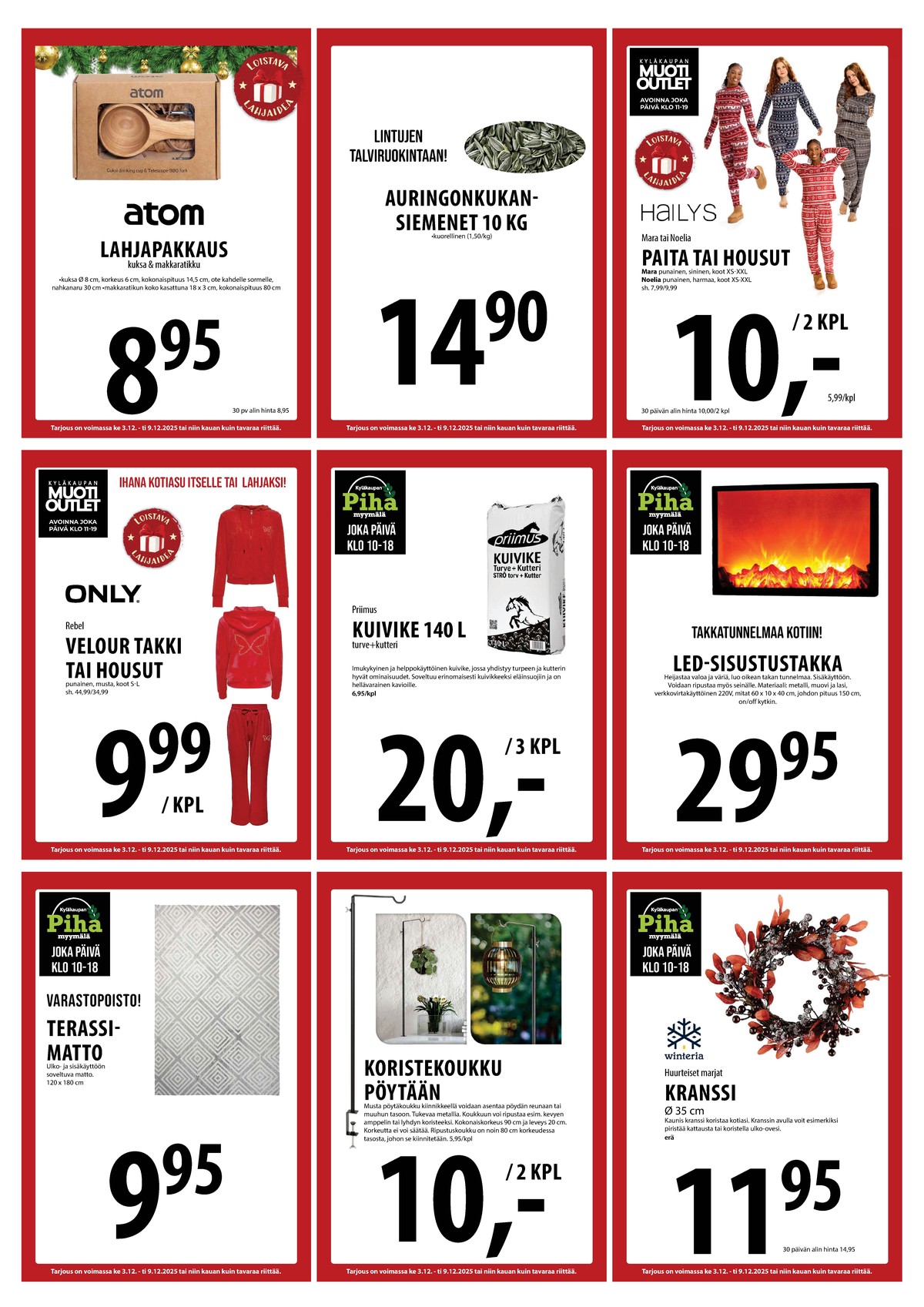 Katso ketjun Keskinen tarjouslehti viikolta 49 sivustolla Viikkotarjoukset.fi. Löydät monia hyviä tarjouksia erilaisista tuotteista, esimerkiksi terassimatot ei määritelty tai takat ei määritelty. Lue tarjouslehti täältä! Sivu 33