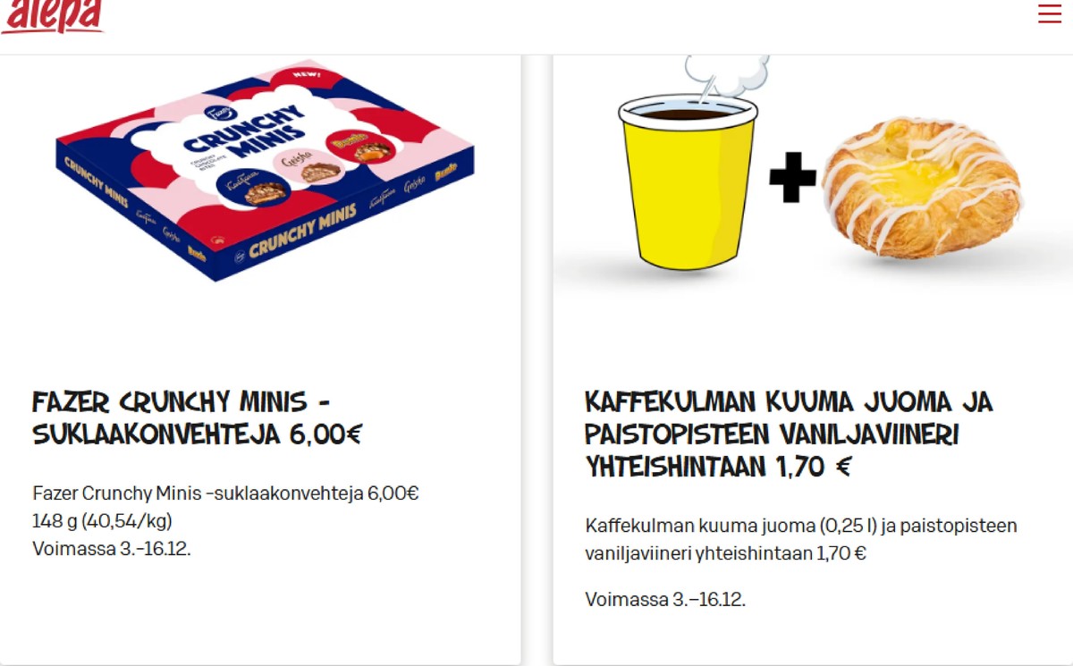 Katso ketjun Alepa tarjouslehti viikolta 50 sivustolla Viikkotarjoukset.fi. Löydät monia hyviä tarjouksia erilaisista tuotteista, esimerkiksi viinerit ei määritelty tai suklaakonvehdit fazer crunchy minis. Lue tarjouslehti täältä! Sivu 1