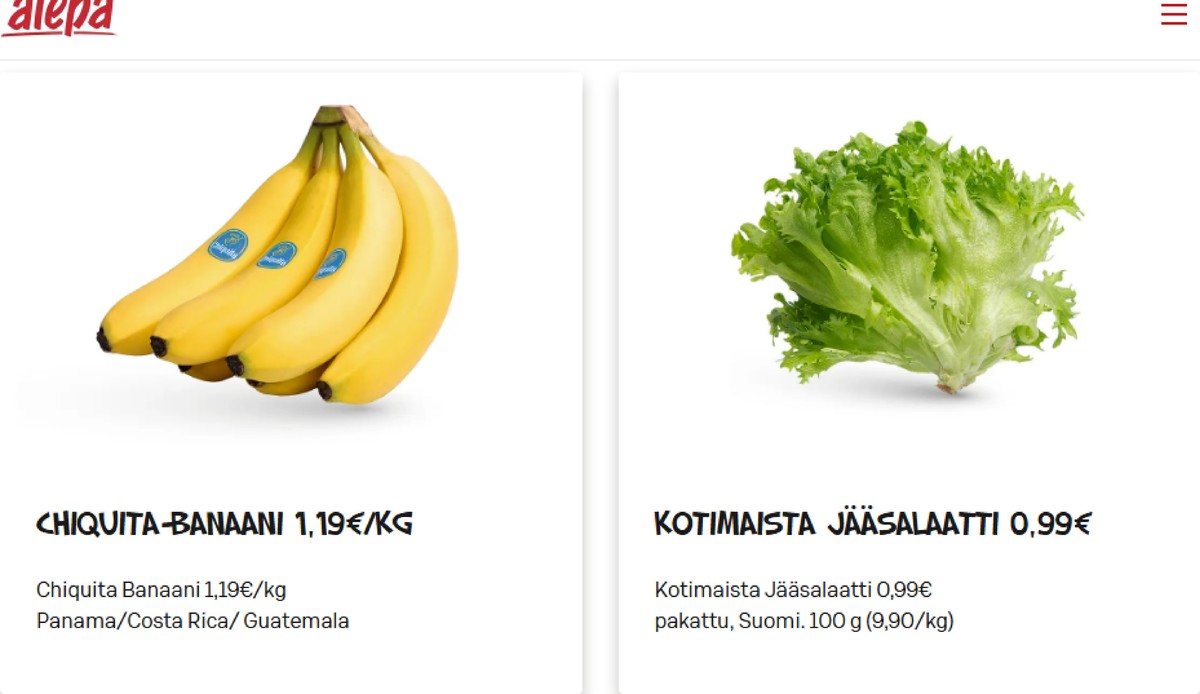 Katso ketjun Alepa tarjouslehti viikolta 50 sivustolla Viikkotarjoukset.fi. Löydät monia hyviä tarjouksia erilaisista tuotteista, esimerkiksi jääsalaatit kotimaista tai banaanit chiquita. Lue tarjouslehti täältä! Sivu 2