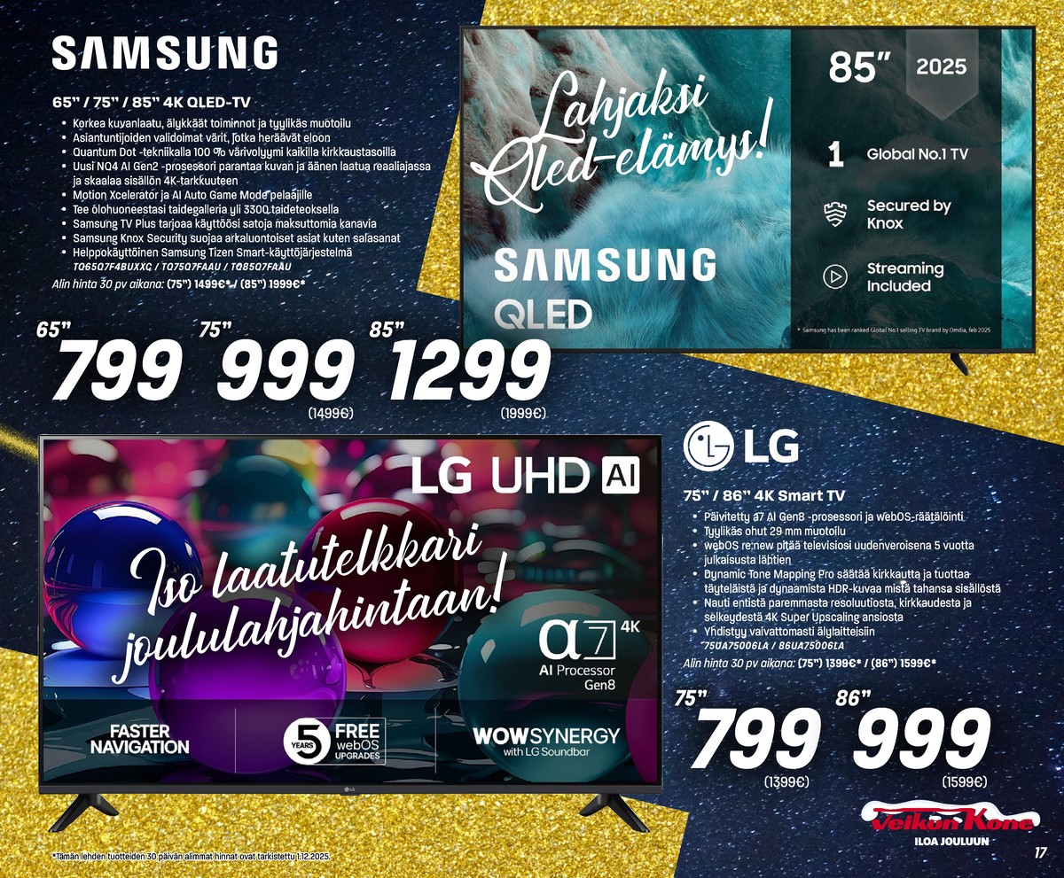 Katso ketjun Veikon Kone tarjouslehti viikolta 51 sivustolla Viikkotarjoukset.fi. Löydät monia hyviä tarjouksia erilaisista tuotteista, esimerkiksi tv samsung tai tv samsung. Lue tarjouslehti täältä! Sivu 17