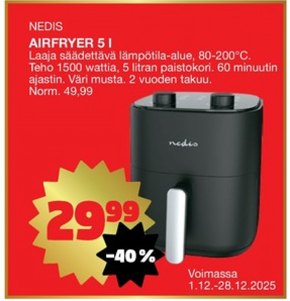 Tarjoukset ja hintavertailu haulla Nedis, , Airfryer 0.000 kpl 1 kappale €29.99