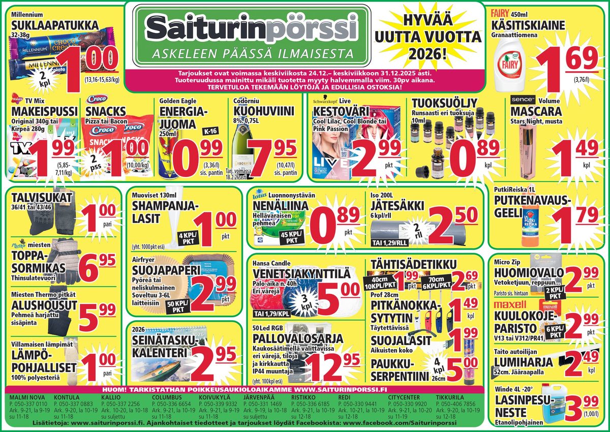 Katso ketjun Saiturin Pörssi tarjouslehti viikolta 52 sivustolla Viikkotarjoukset.fi. Löydät monia hyviä tarjouksia erilaisista tuotteista. Lue tarjouslehti täältä! Sivu 1