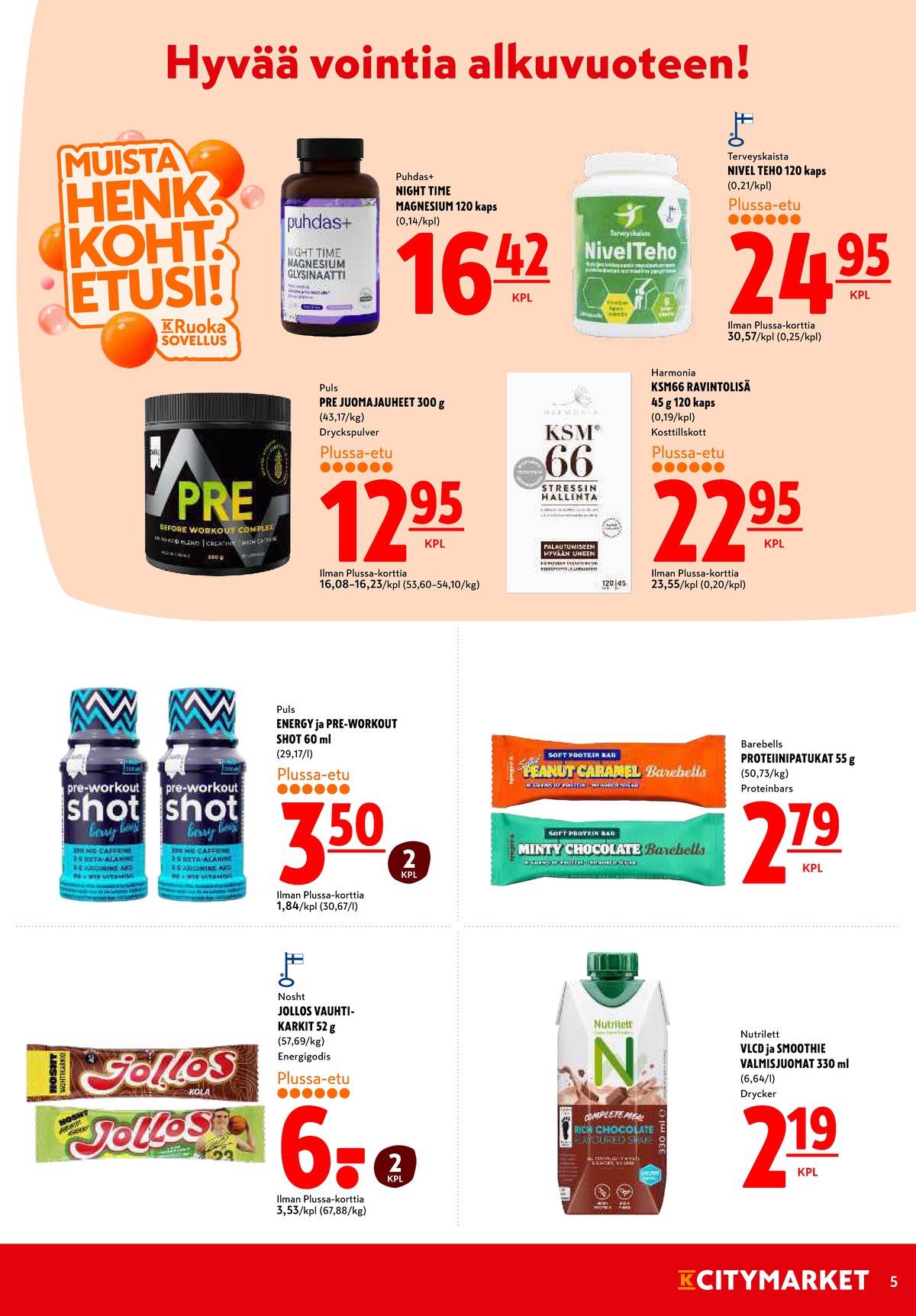 Katso ketjun K-Citymarket tarjouslehti viikolta 1 sivustolla Viikkotarjoukset.fi. Löydät monia hyviä tarjouksia erilaisista tuotteista. Lue tarjouslehti täältä! Sivu 5