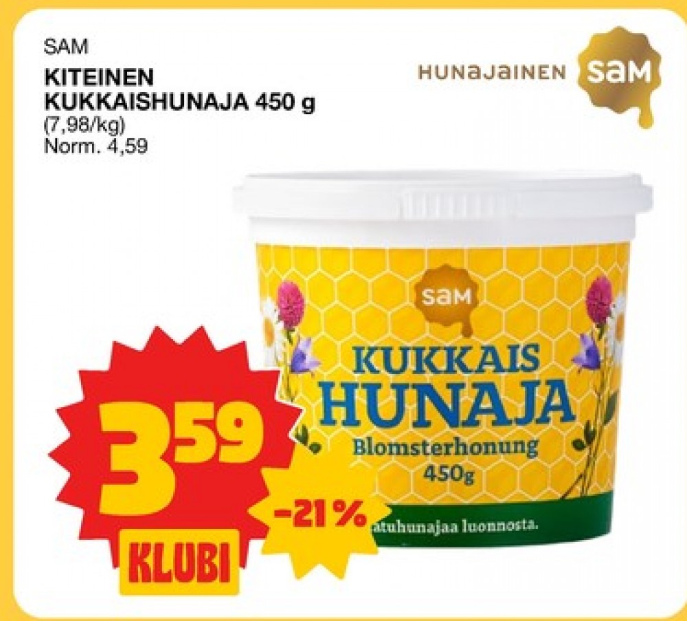 Tarjoukset ja hintavertailu haulla Sam, , Hunajat 0.450 kg 1 Purkki(a) €3.59