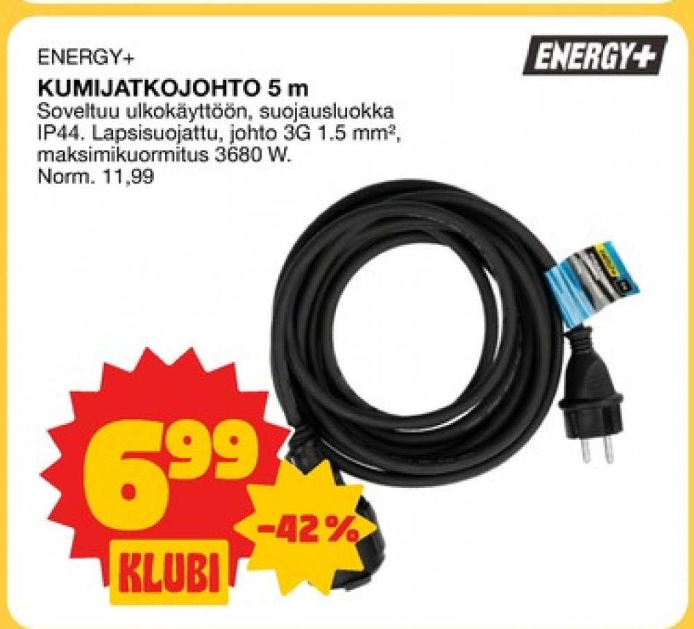 Tarjoukset ja hintavertailu haulla Energy plus, , Jatkojohdot 5.000 m 1 kappale €6.99