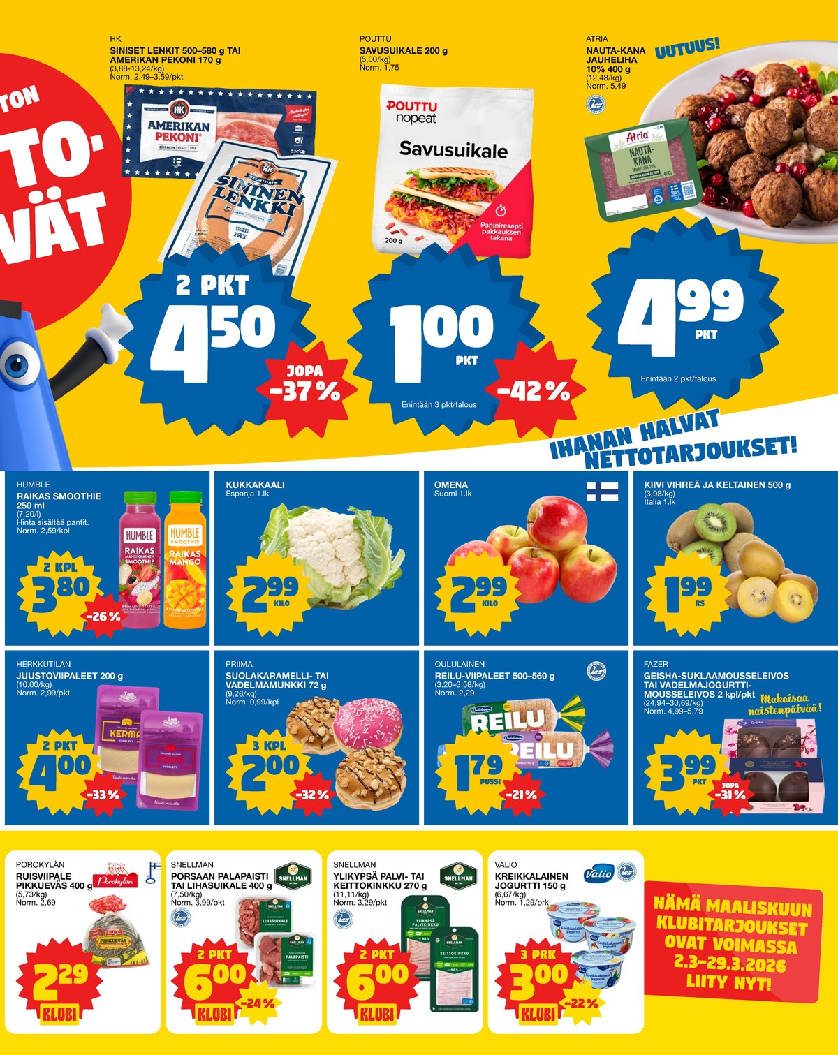 Katso ketjun Tokmanni tarjouslehti viikolta 10 sivustolla Viikkotarjoukset.fi. Löydät monia hyviä tarjouksia erilaisista tuotteista, esimerkiksi munkit priima tai ylikypsäkinkku snellman. Lue tarjouslehti täältä! Sivu 3